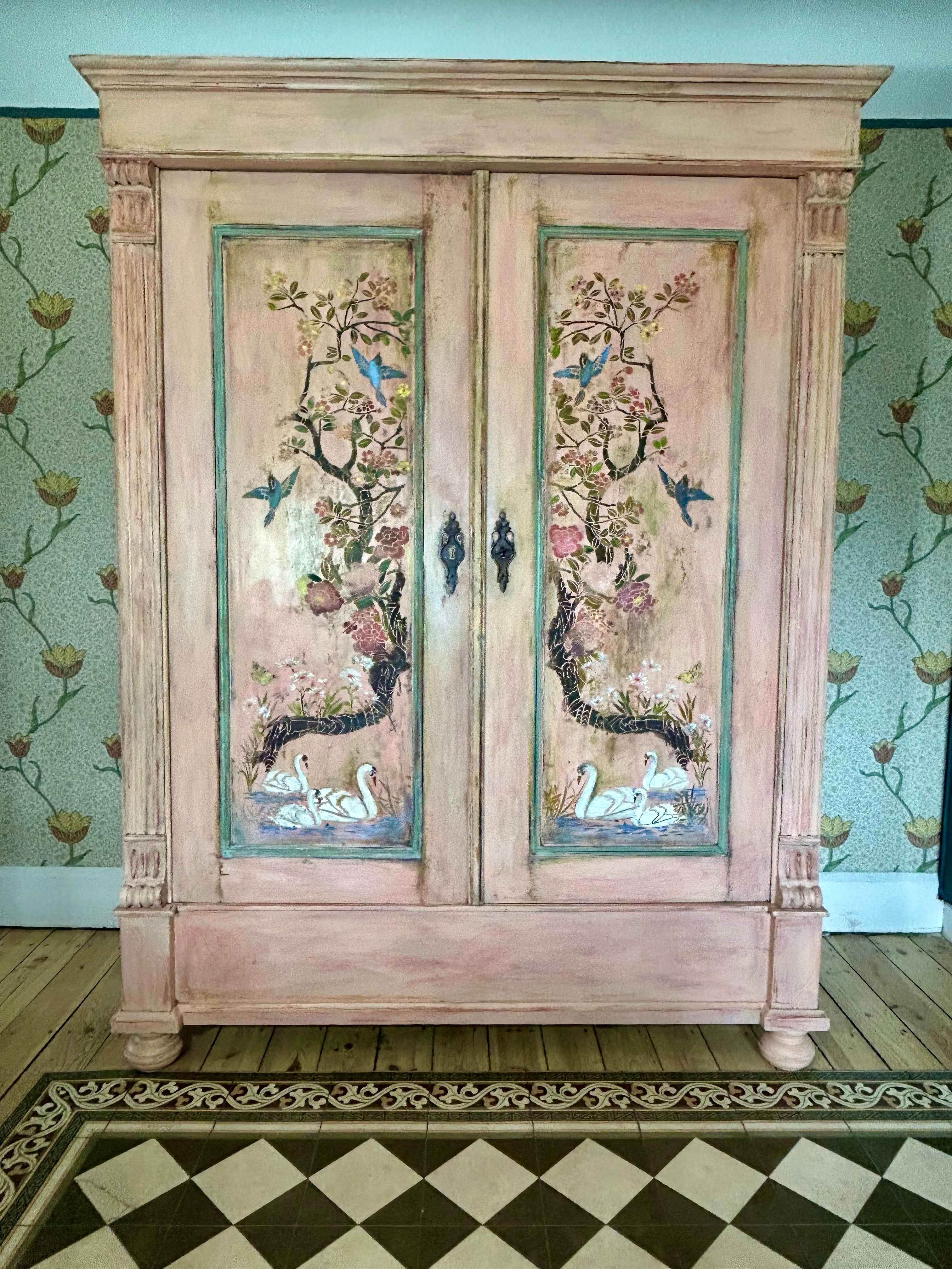 Vintage Painted French Wardrobe with Chinoiserie Panels