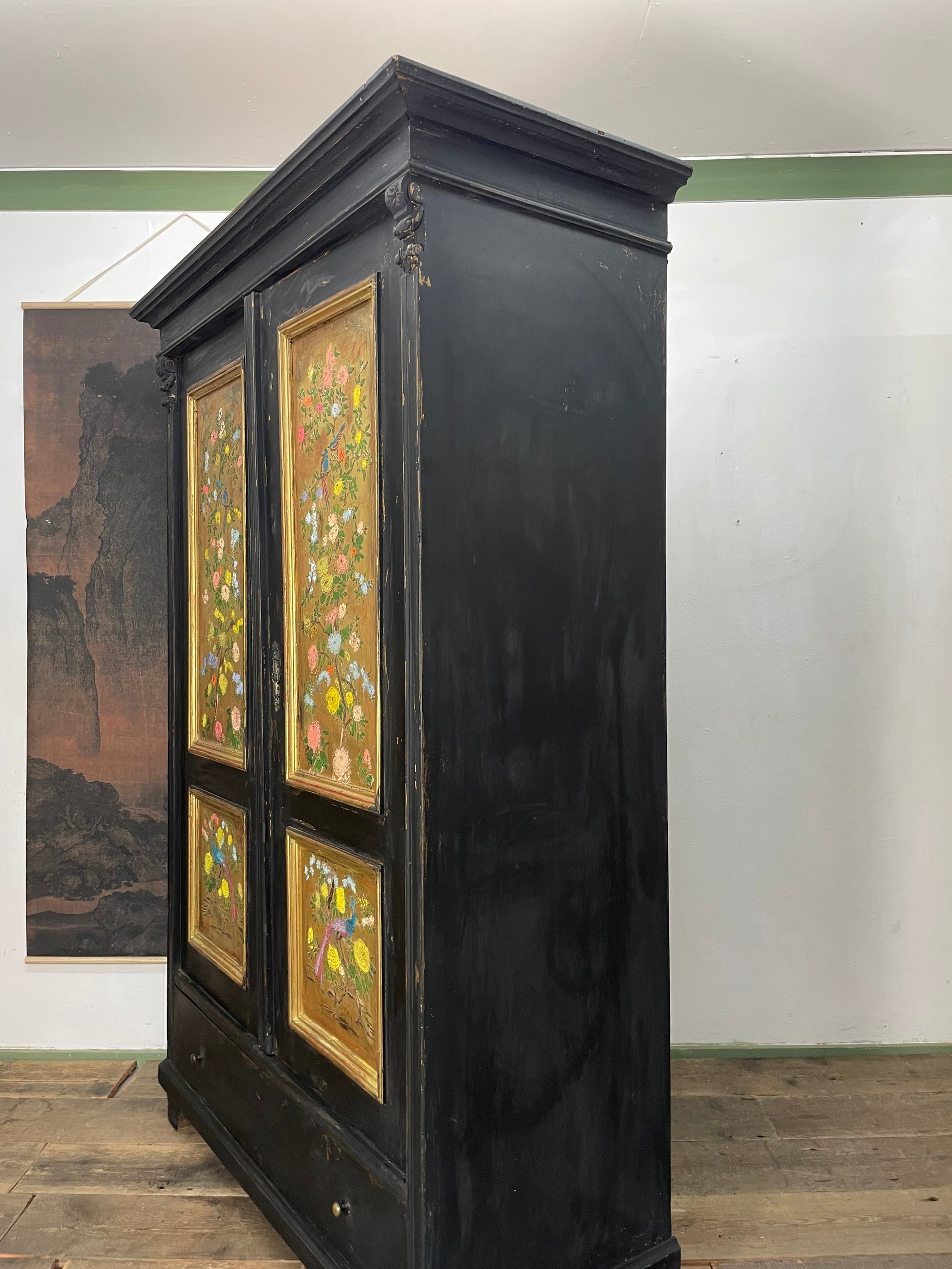 Vintage Painted Pine Wardrobe with Chinoiserie Panels