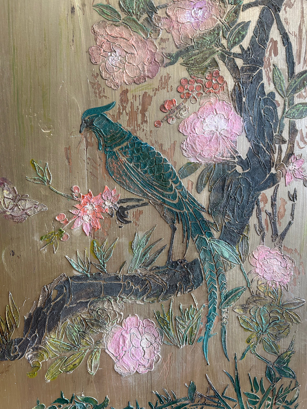 Vintage Painted Pine Armoire with Chinoiserie Panel