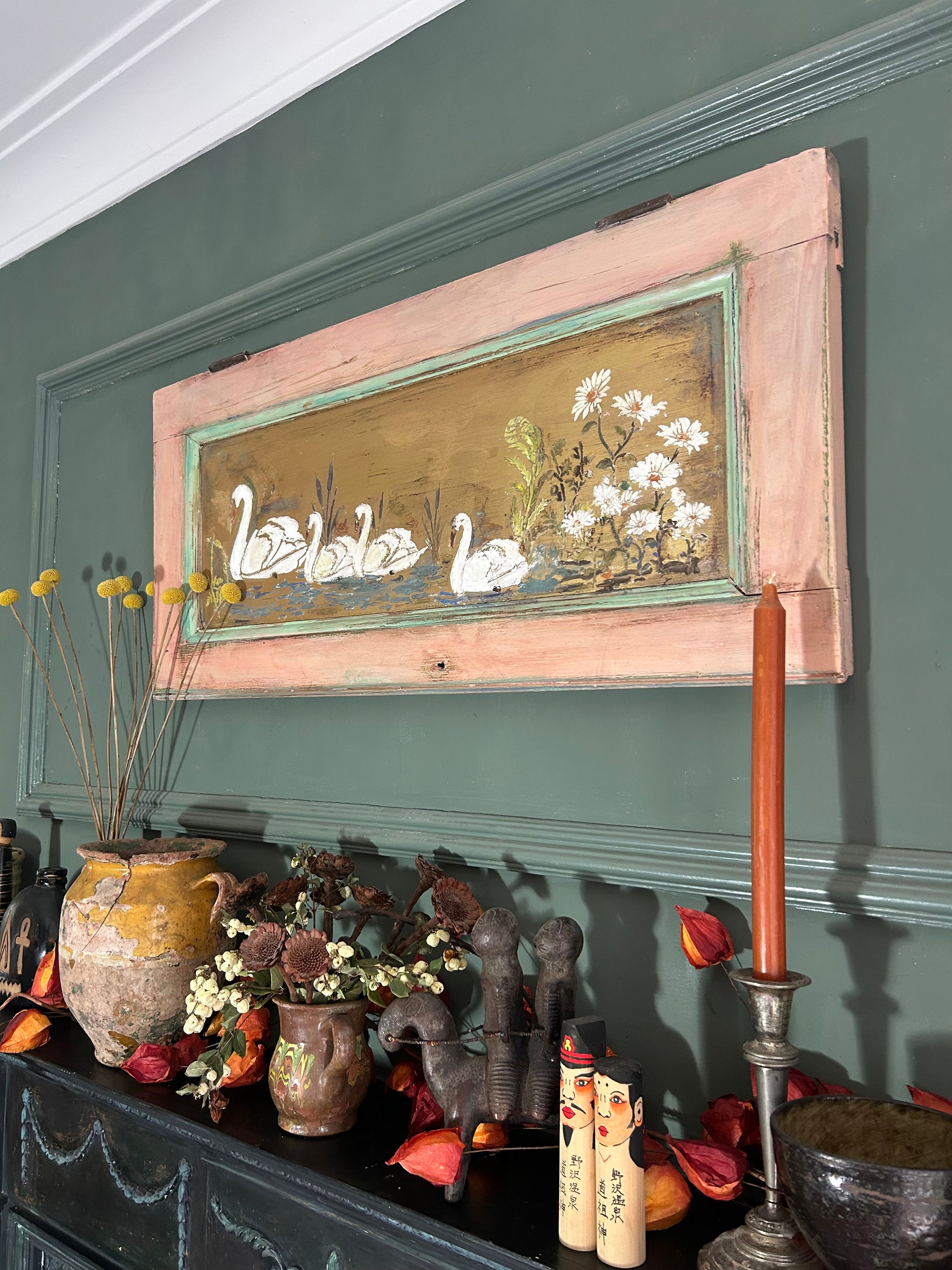 Reclaimed Door Wallhanging with Swan Chinoiserie