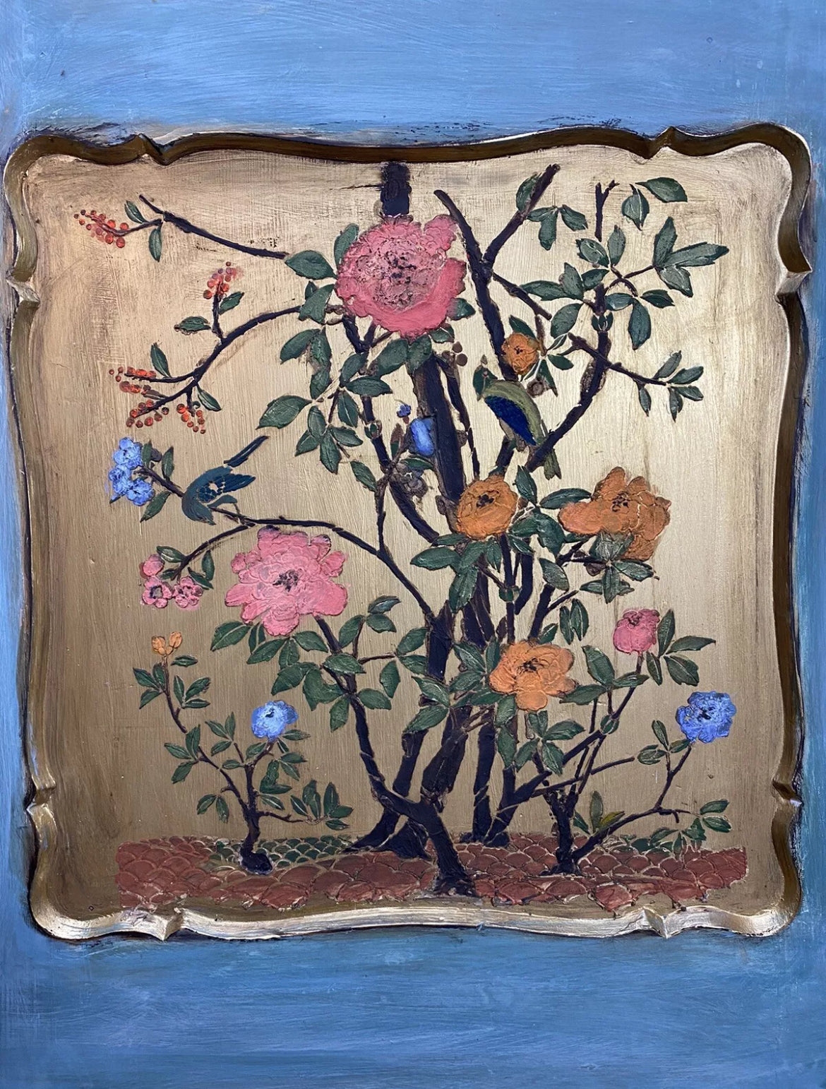 Vintage Painted Pine Wardrobe with Inlaid Bird Chinoiserie