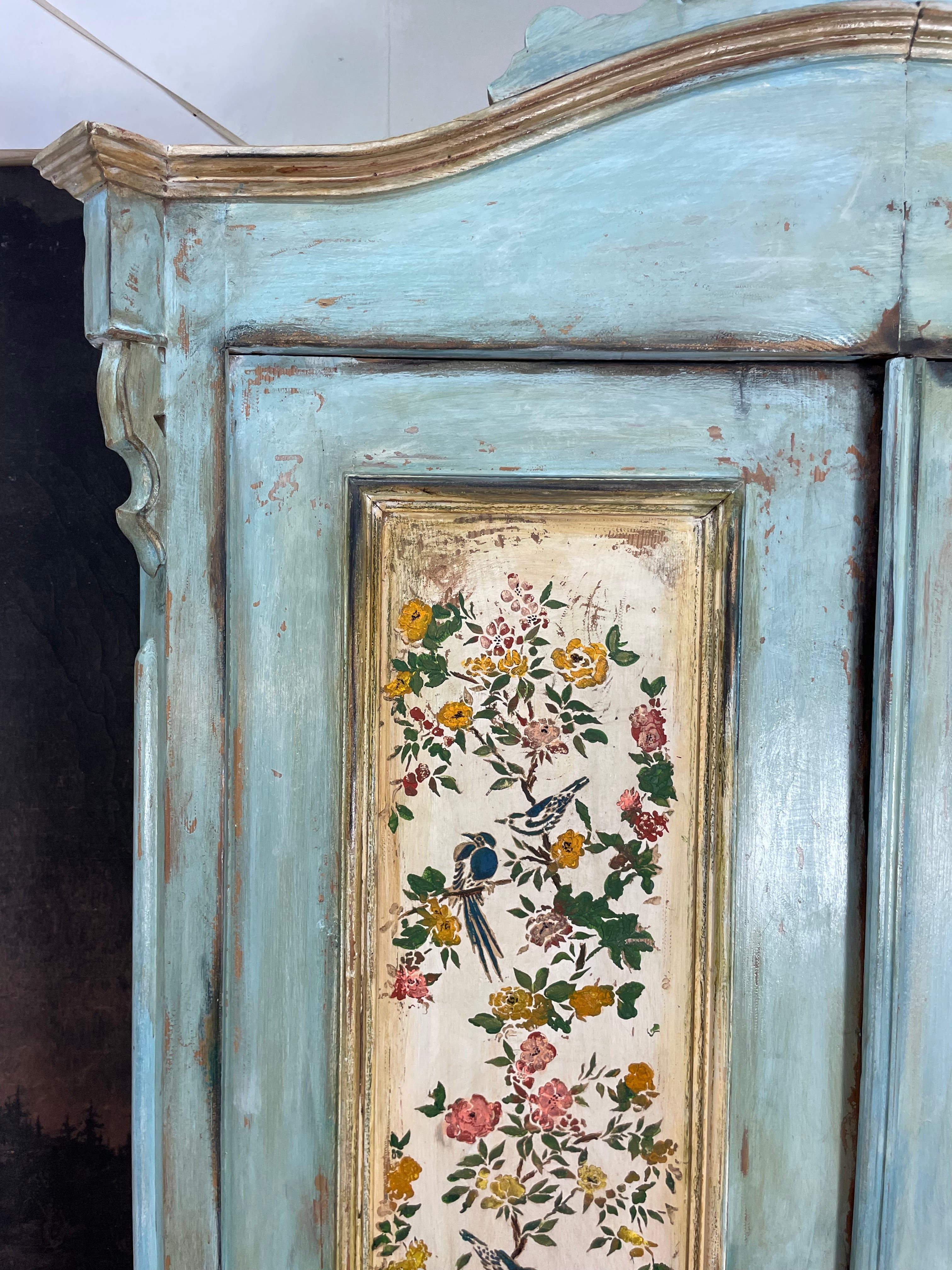 Vintage French Painted Pine Armoire with Chinoiserie Panels