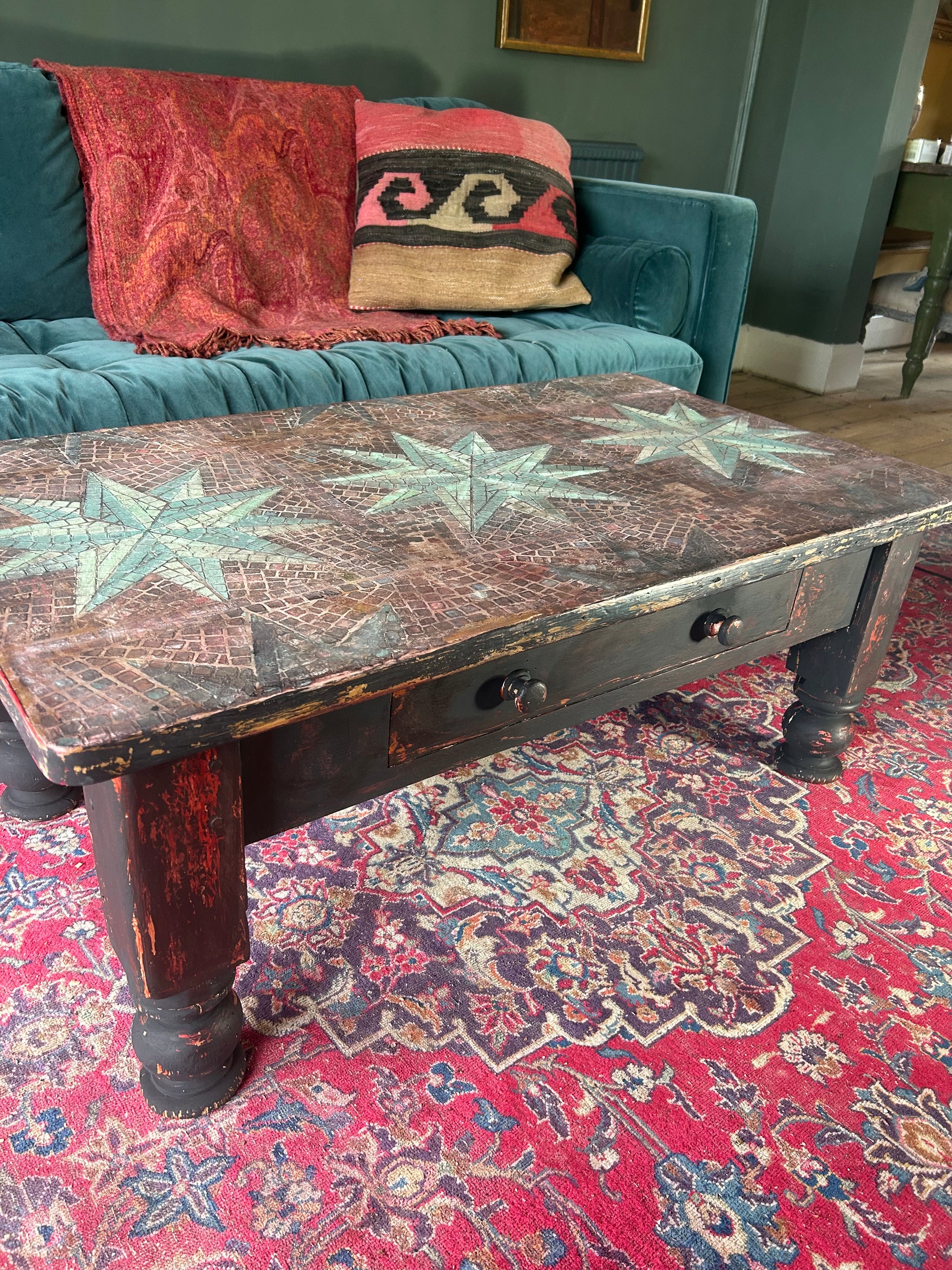 Vintage Painted Pine Coffee Table with Inlaid Star Design