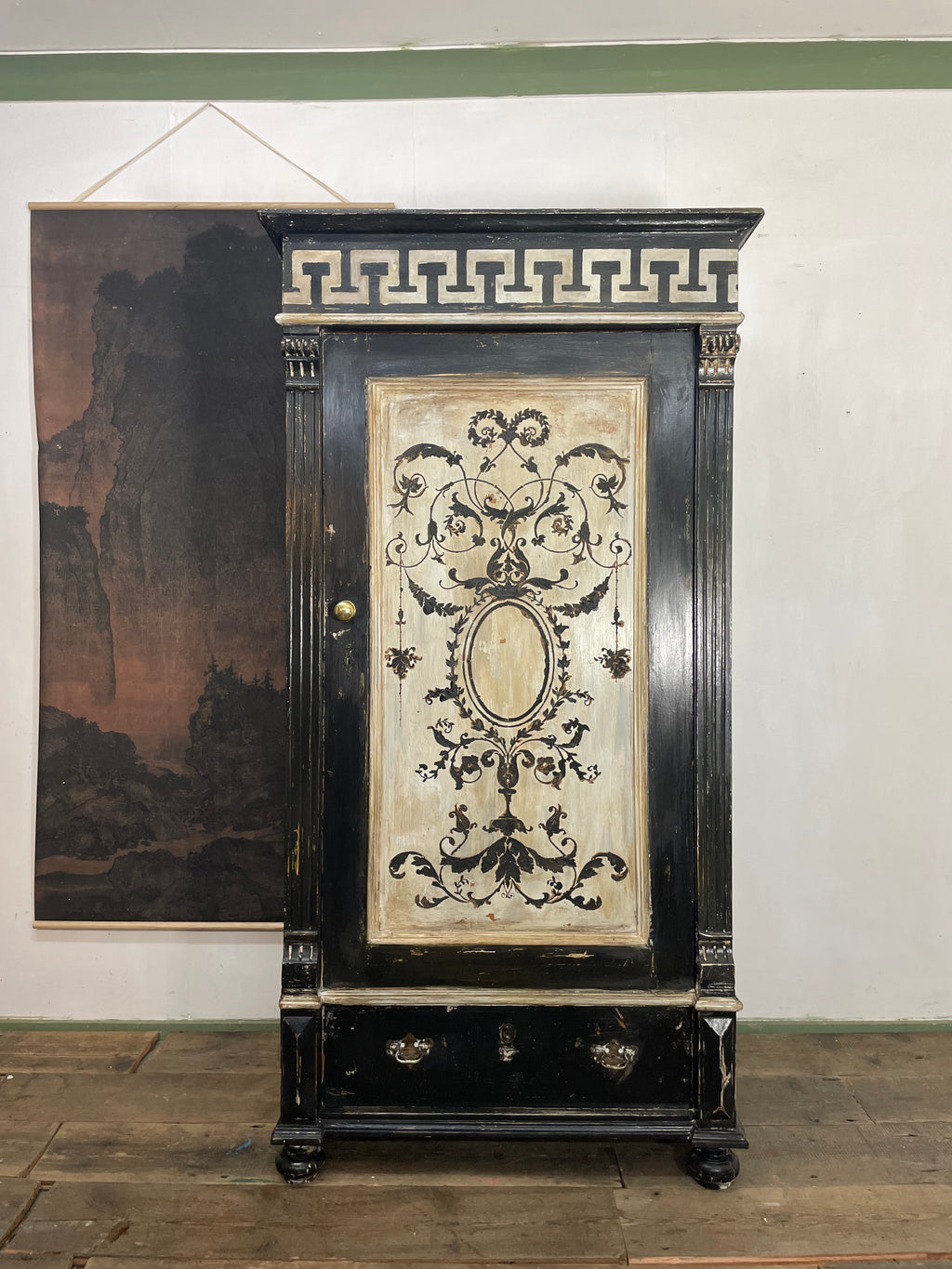 Vintage Painted Pine Wardrobe with Versailles Panel