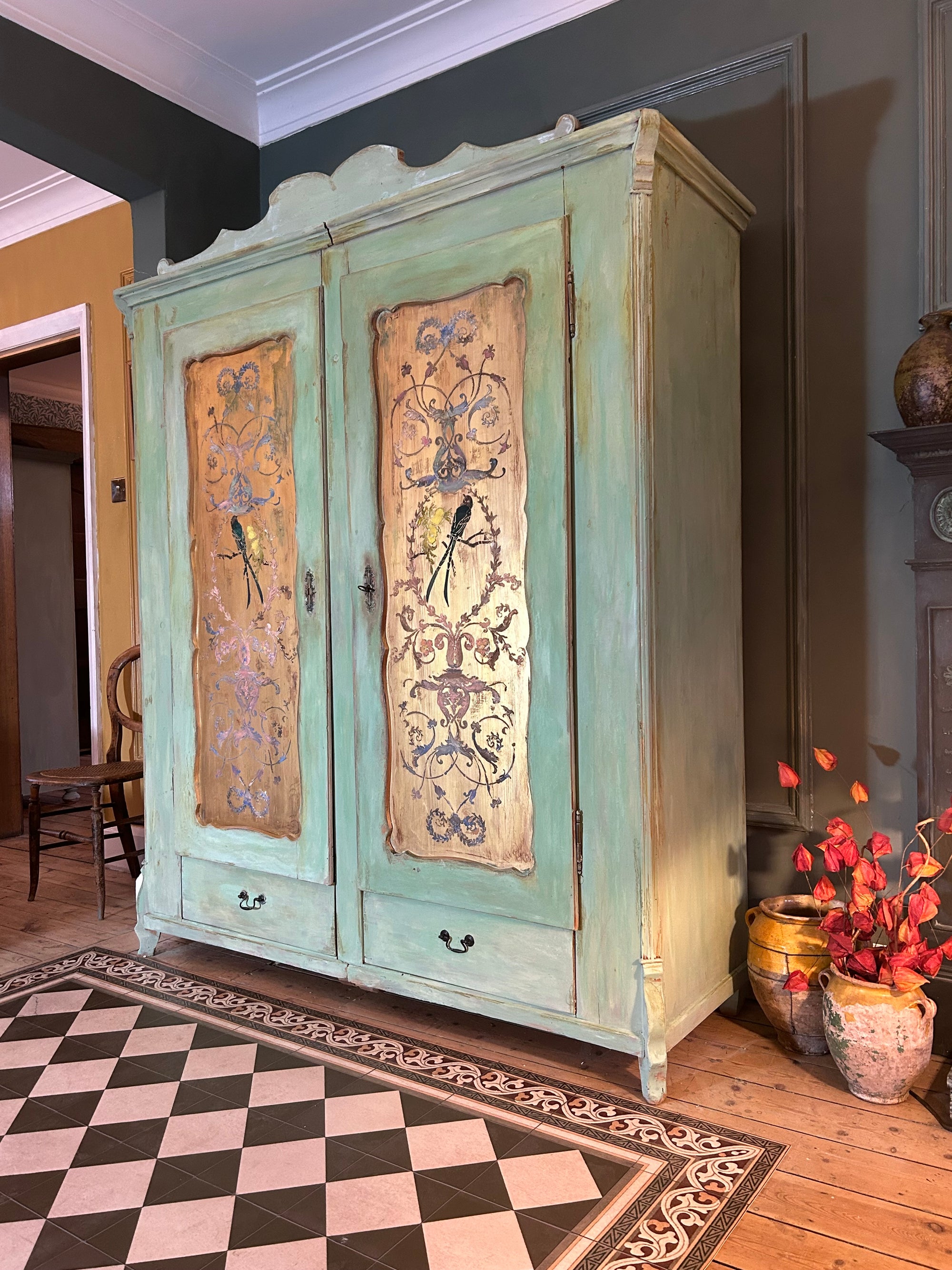 Vintage Painted Pine Wardrobe with Chinoiserie Panels