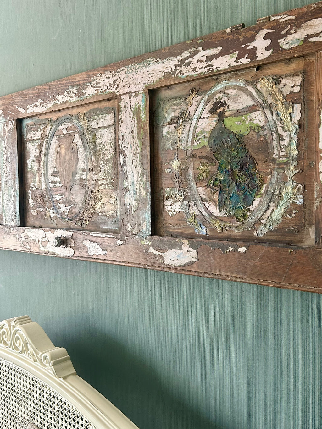 Reclaimed door wall hanging/Headboard with Inlaid Peacocks