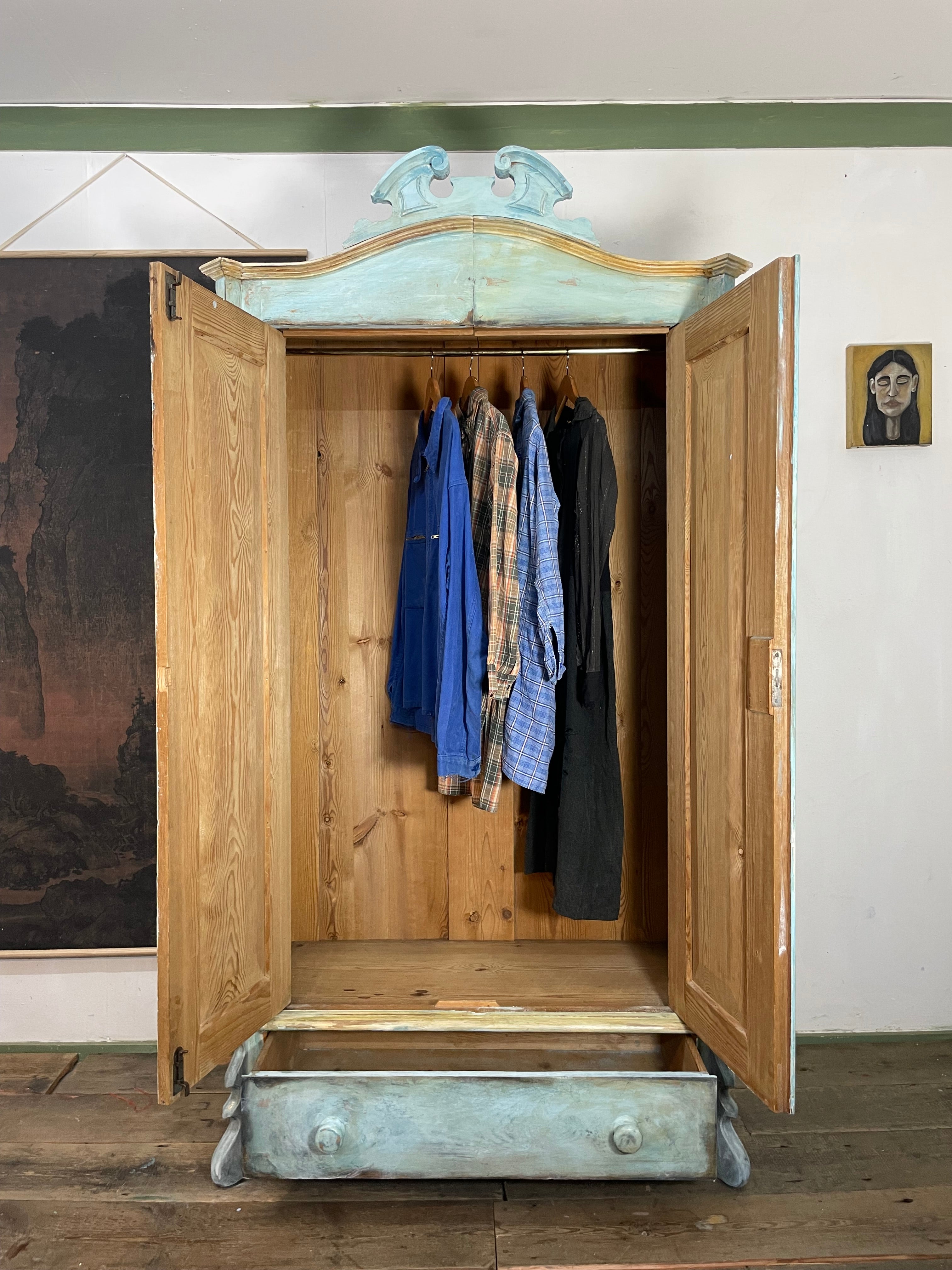 Vintage French Painted Pine Armoire with Chinoiserie Panels