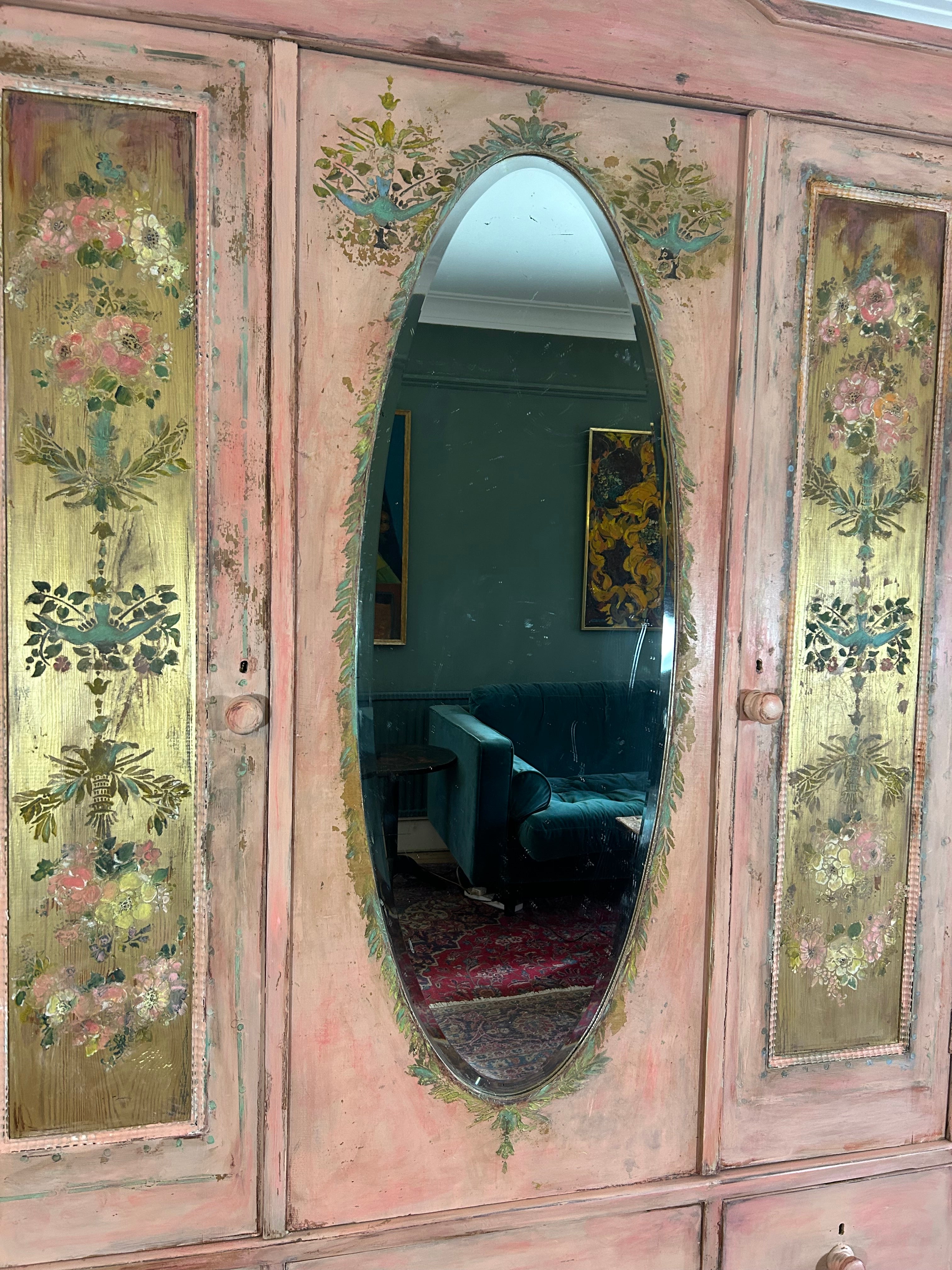 Vintage Painted Pine Triple Wardrobe with Inlaid Chinoiserie