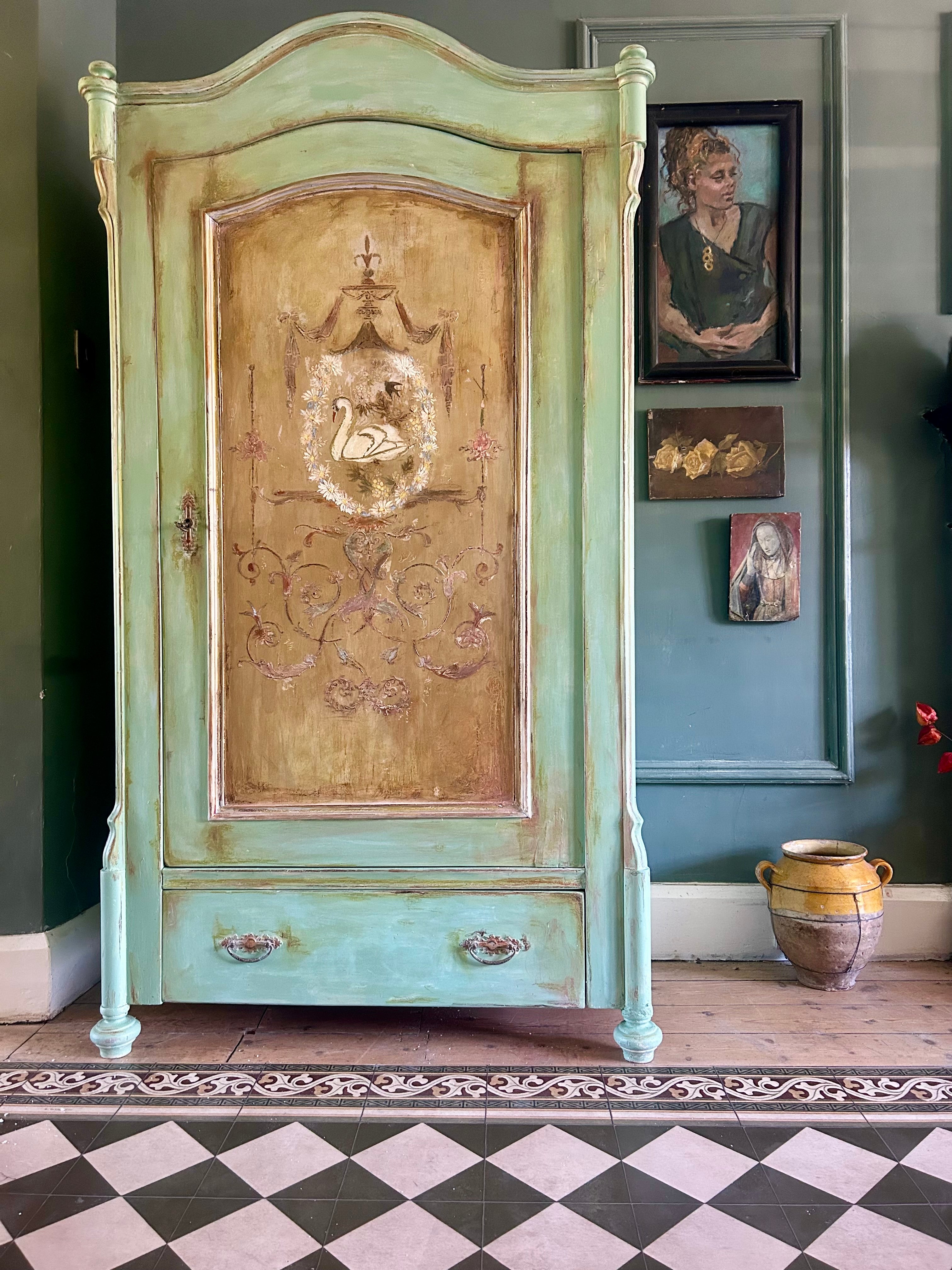 Vintage Painted Pine Armoire with Swan and Daisy Chinoiserie