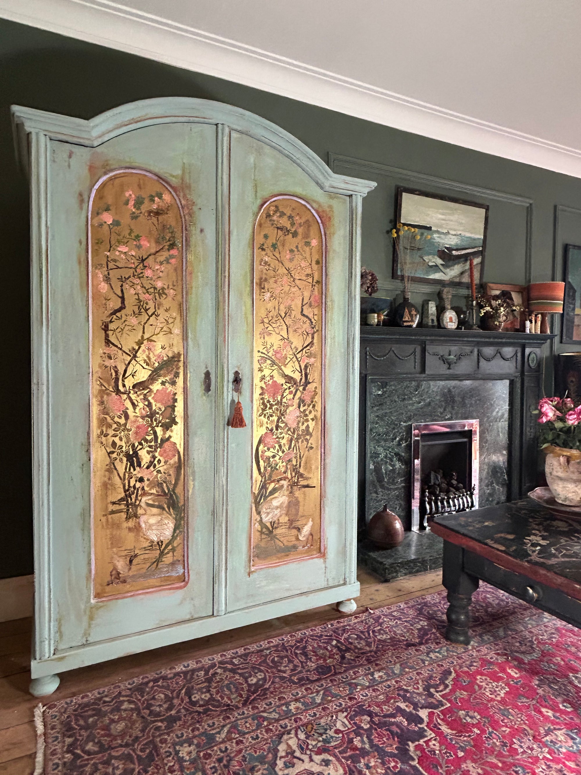 Antique Painted Wardrobe with Chinoiserie Panels