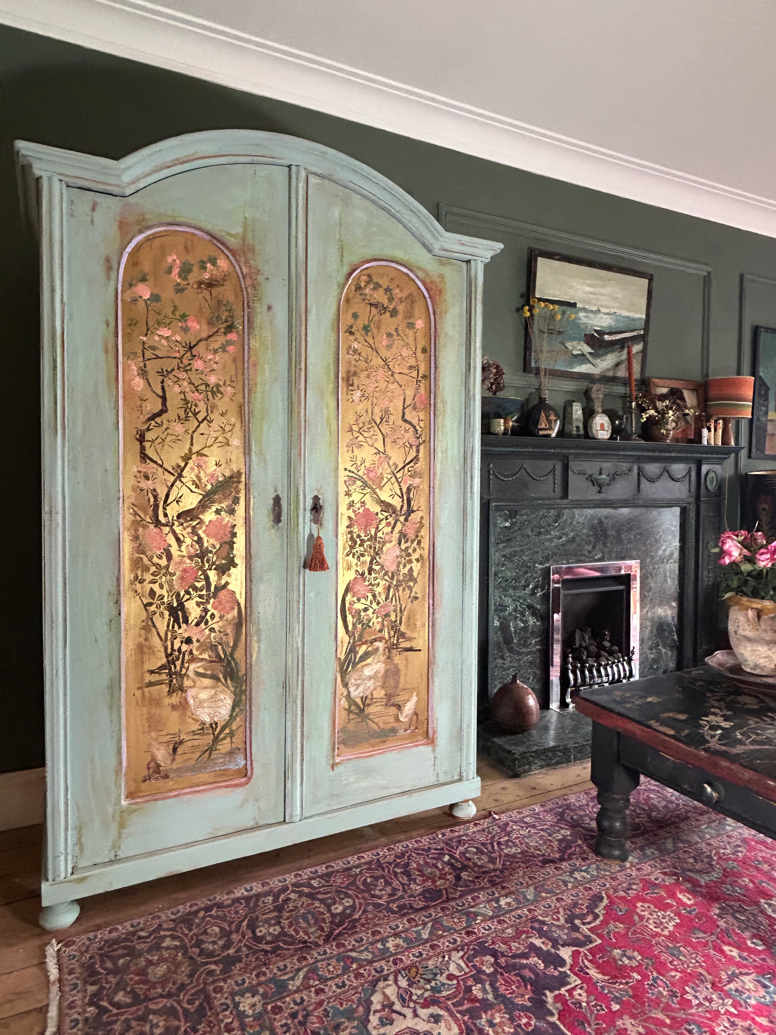 Antique Painted Wardrobe with Chinoiserie Panels