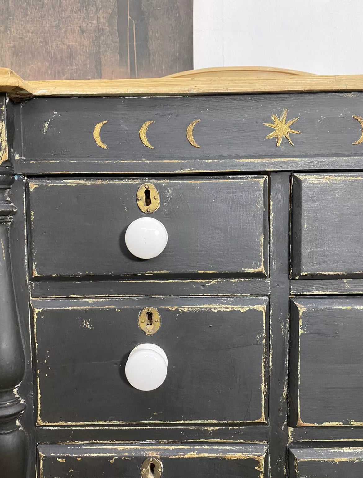 Vintage Painted Pine Moons Chest of Drawers