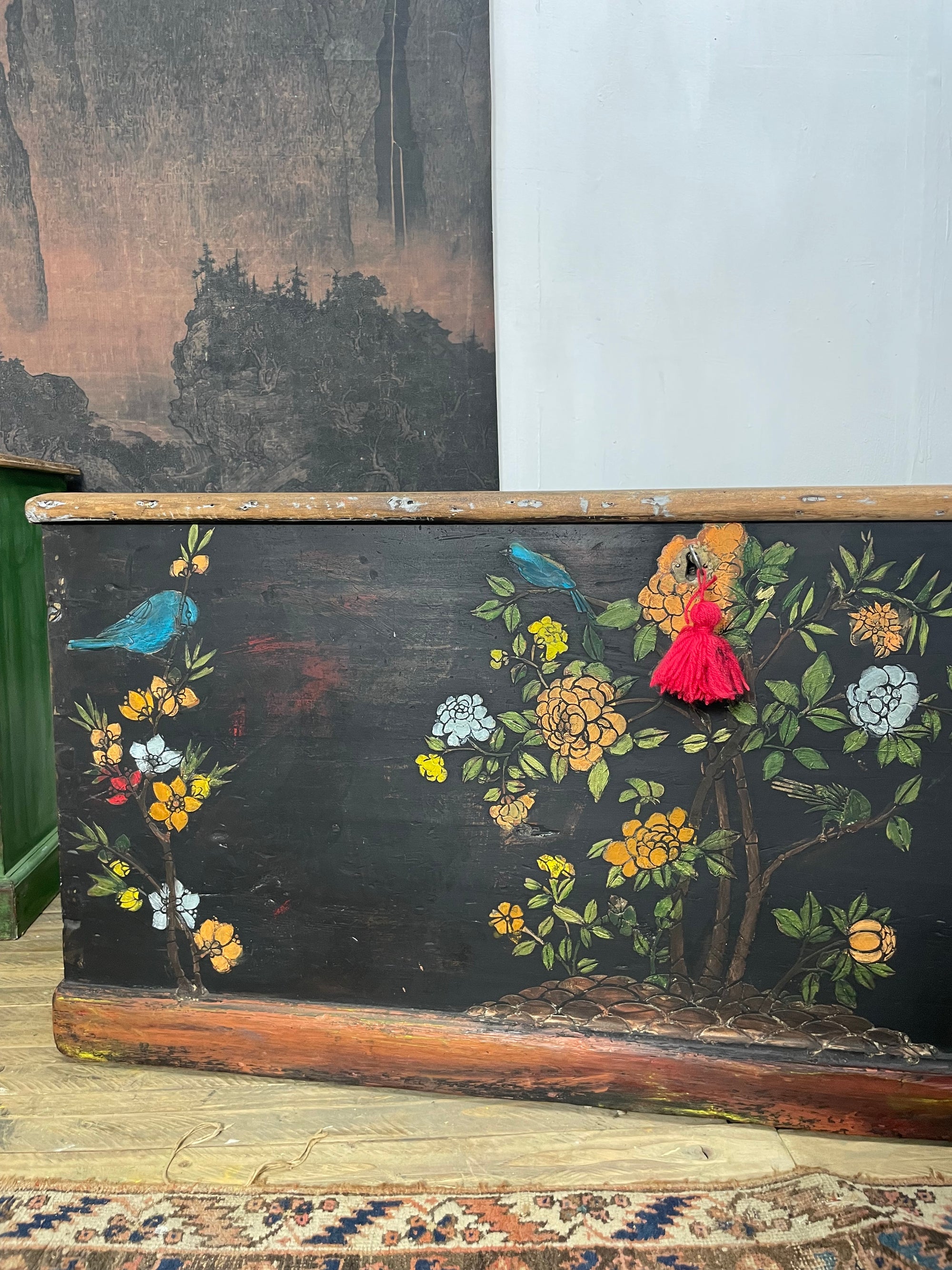 Vintage Painted Pine Blanket Box with Bird Chinoiserie