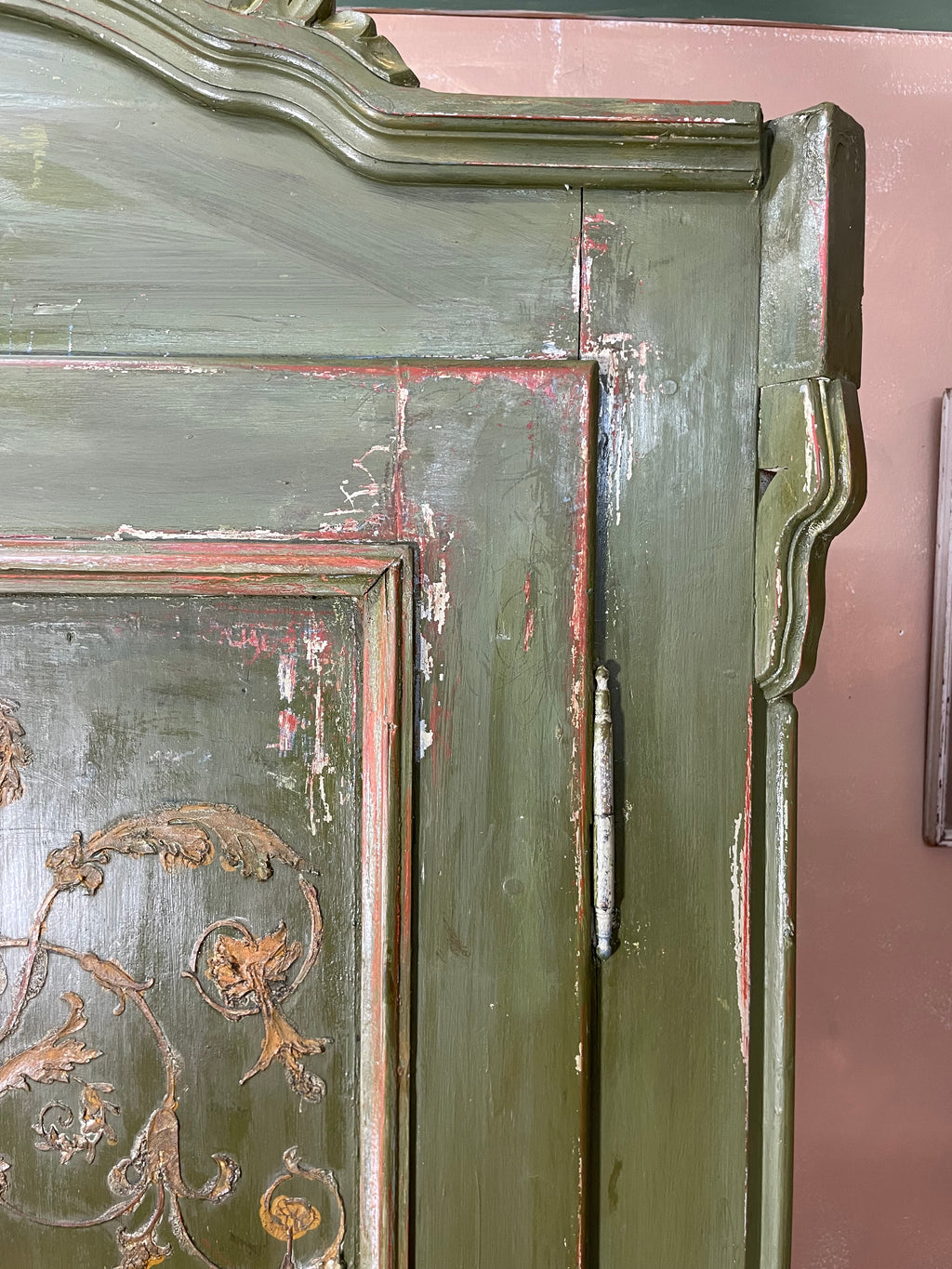 Vintage Painted Pine Wardrobe with Inlaid Boiserie Panel