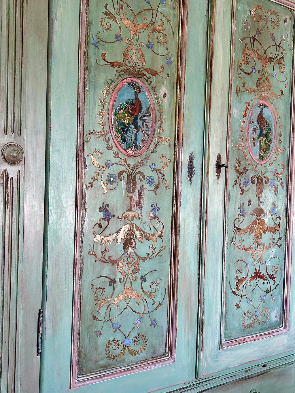 Vintage Painted Pine Double Wardrobe with Inlaid Versailles Style Panels
