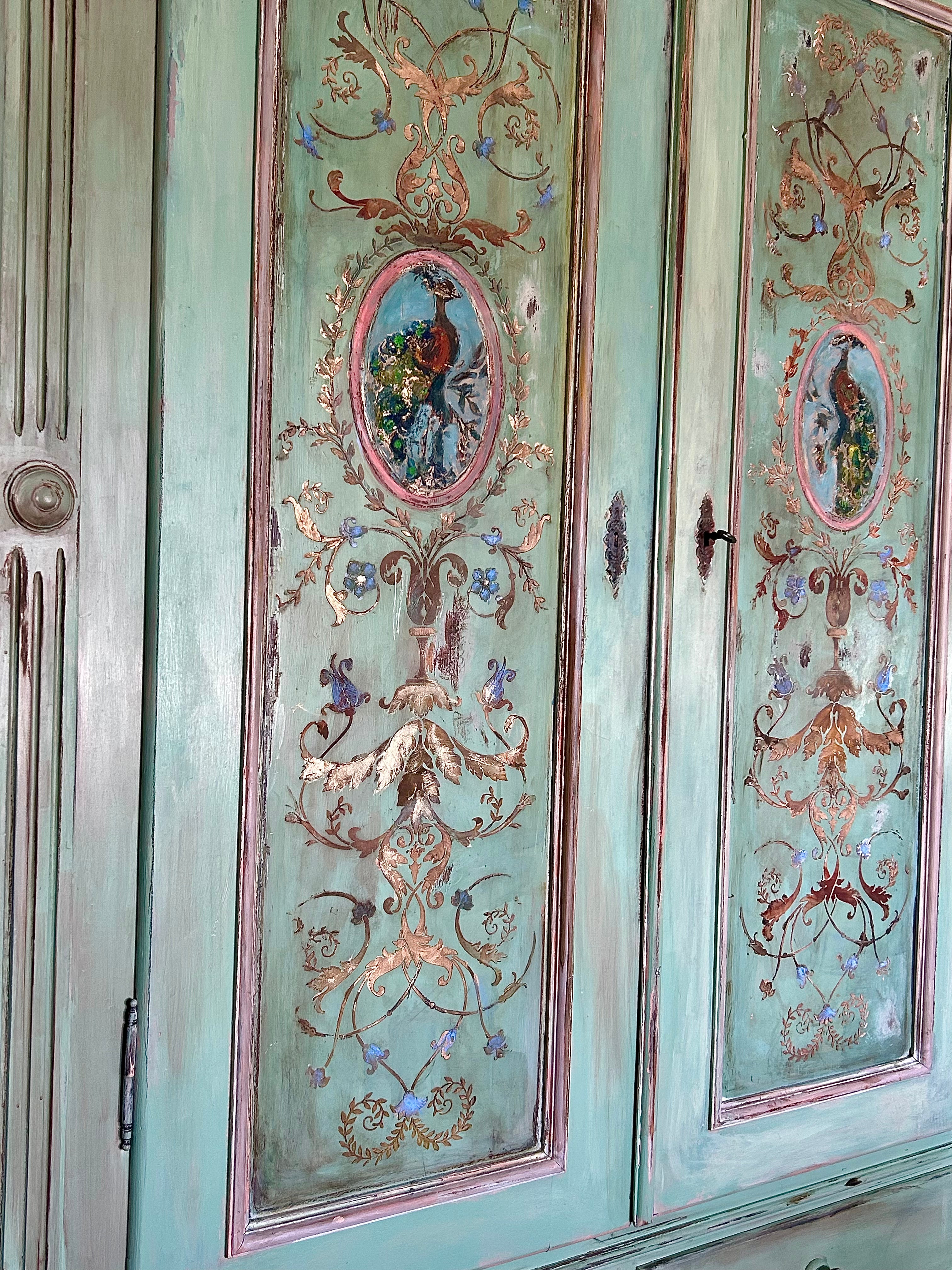 Vintage Painted Pine Double Wardrobe with Inlaid Versailles Style Panels