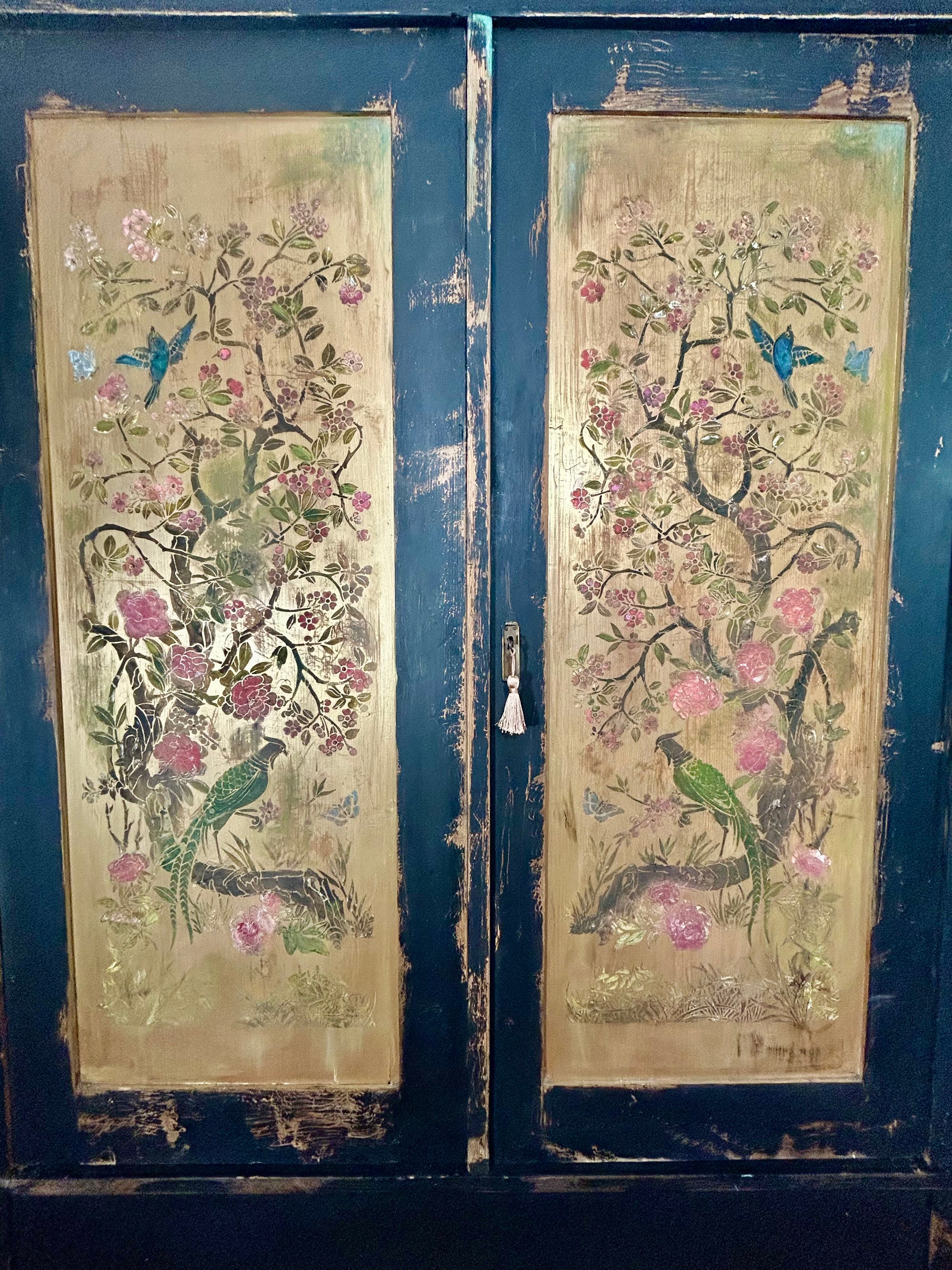 Vintage Painted Pine Double Wardrobe with Inlaid Chinoiserie