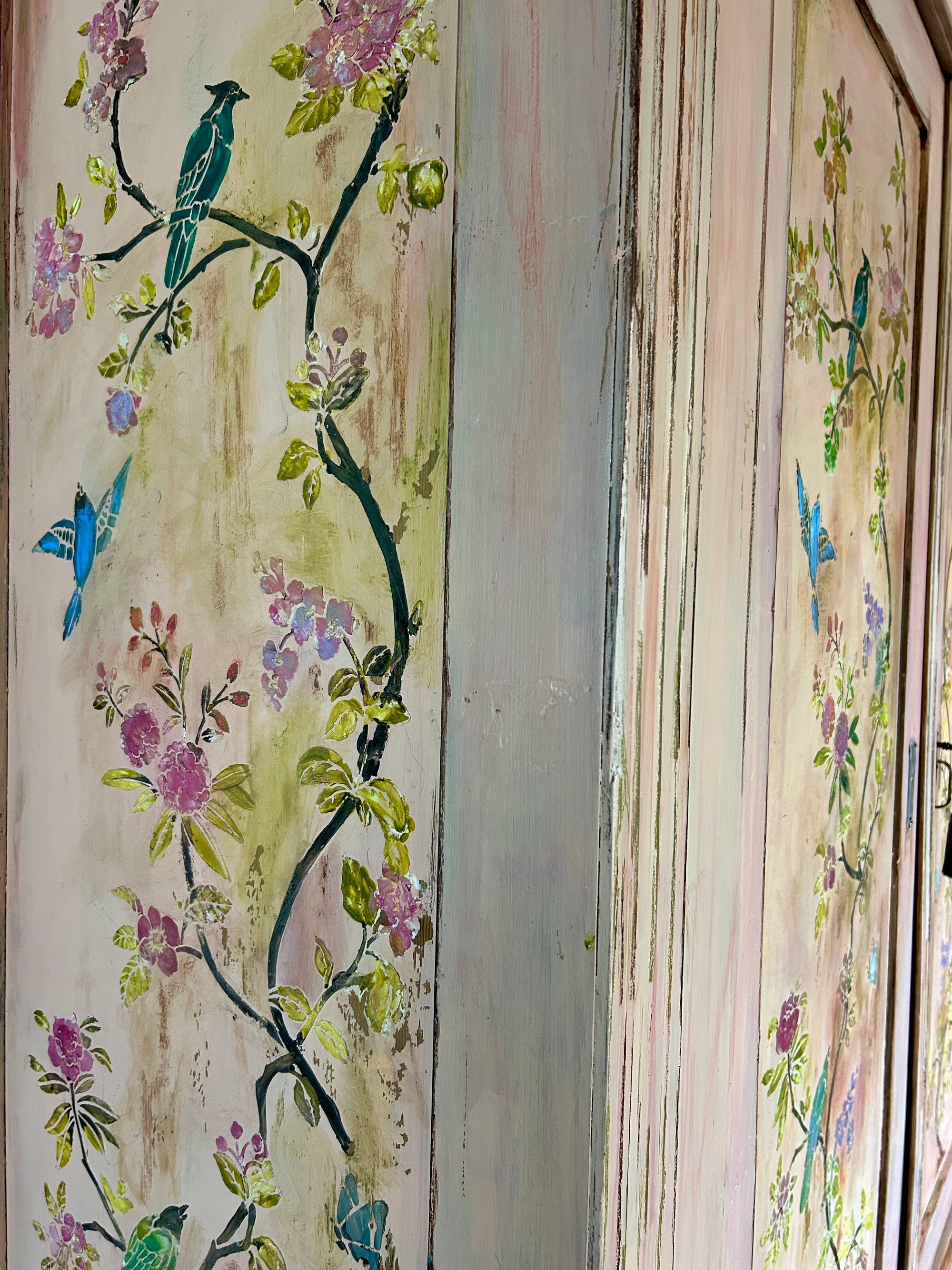 Vintage Painted Pine Double Wardrobe with Inlaid Chinoiserie