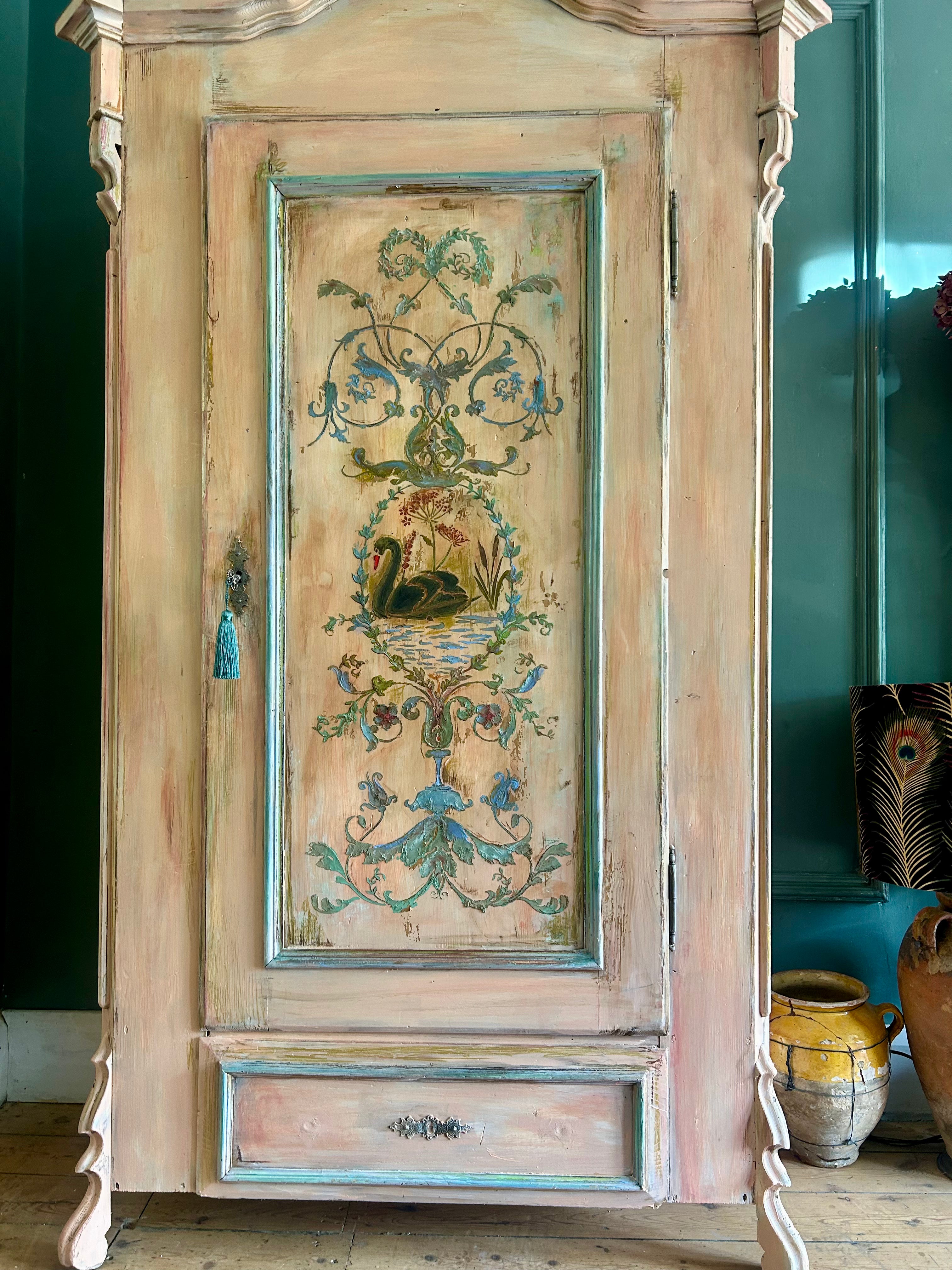 Vintage Painted Pine Armoire with Inlaid Back Swan Chinoiserie