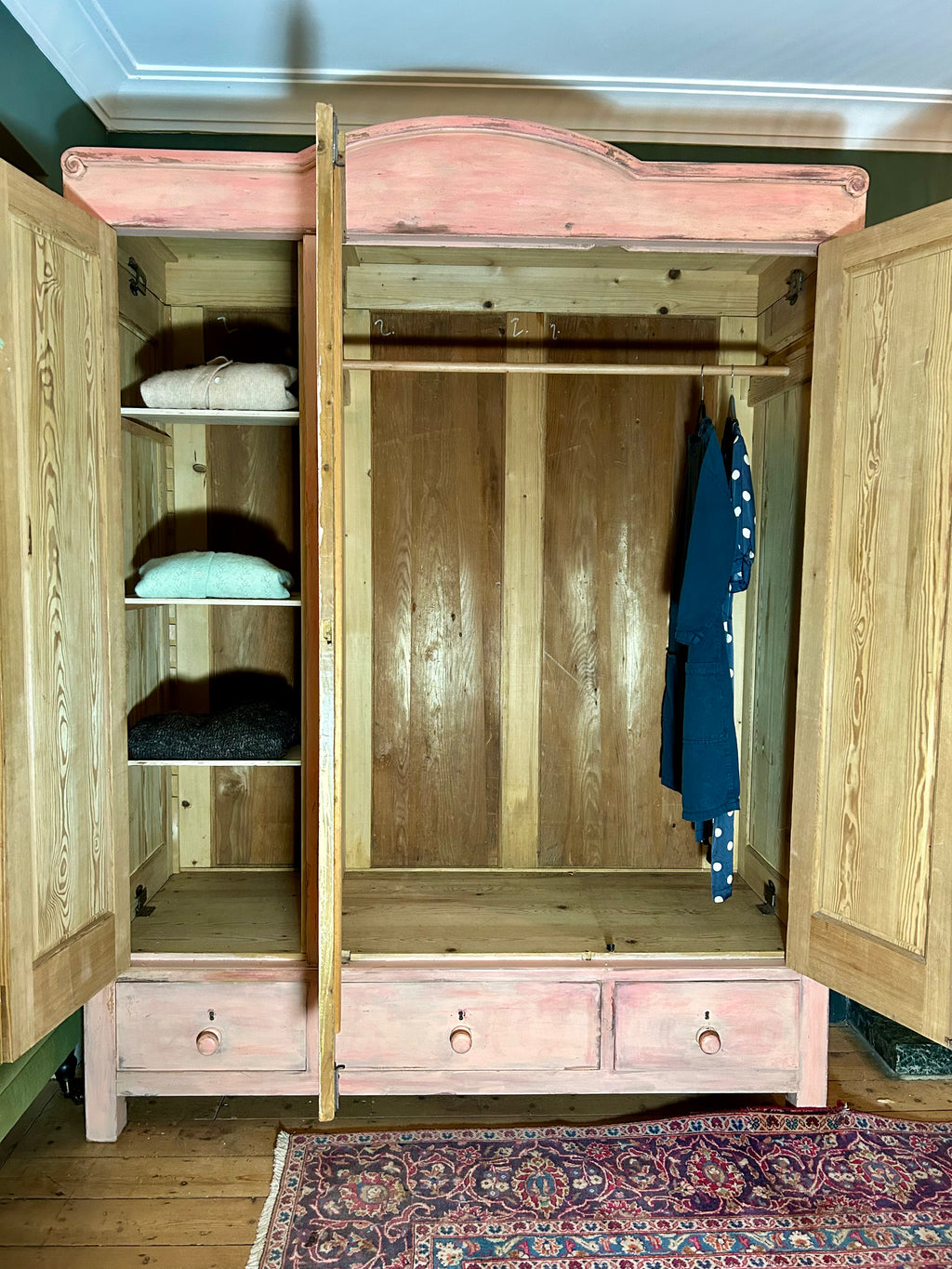 Vintage Painted Pine Triple Wardrobe with Inlaid Chinoiserie