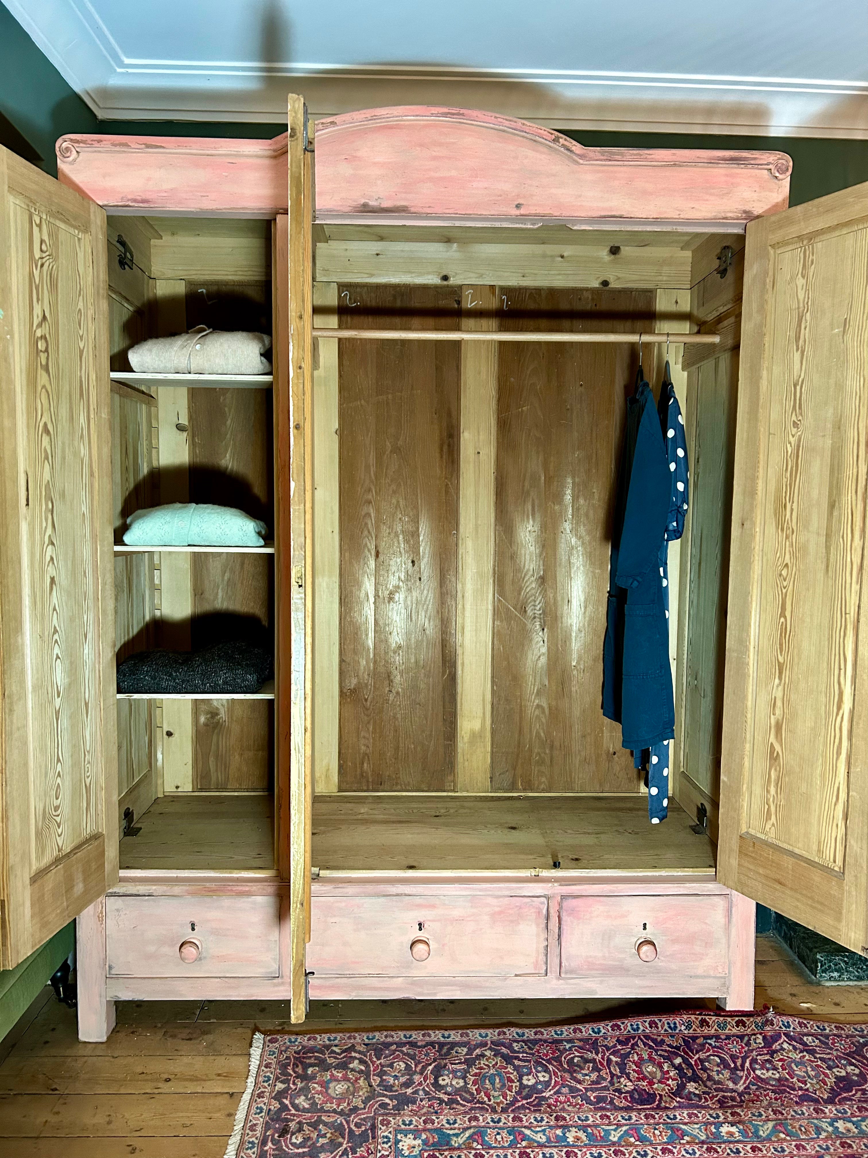 Vintage Painted Pine Triple Wardrobe with Inlaid Chinoiserie