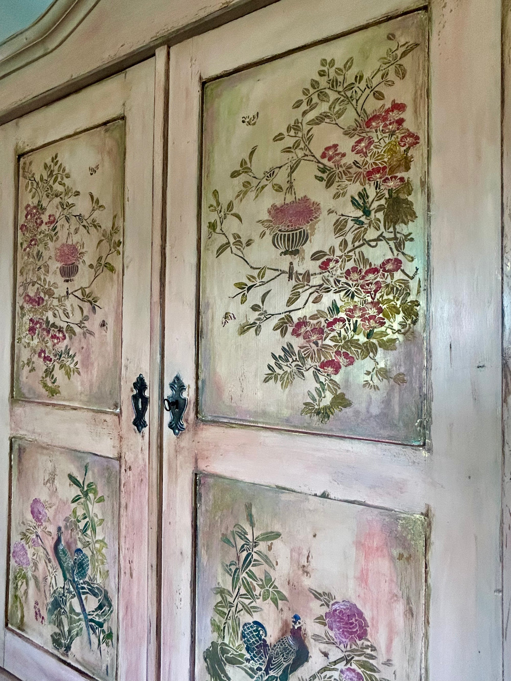 Vintage Painted Pine Double Wardrobe with Inlaid Chinoiserie