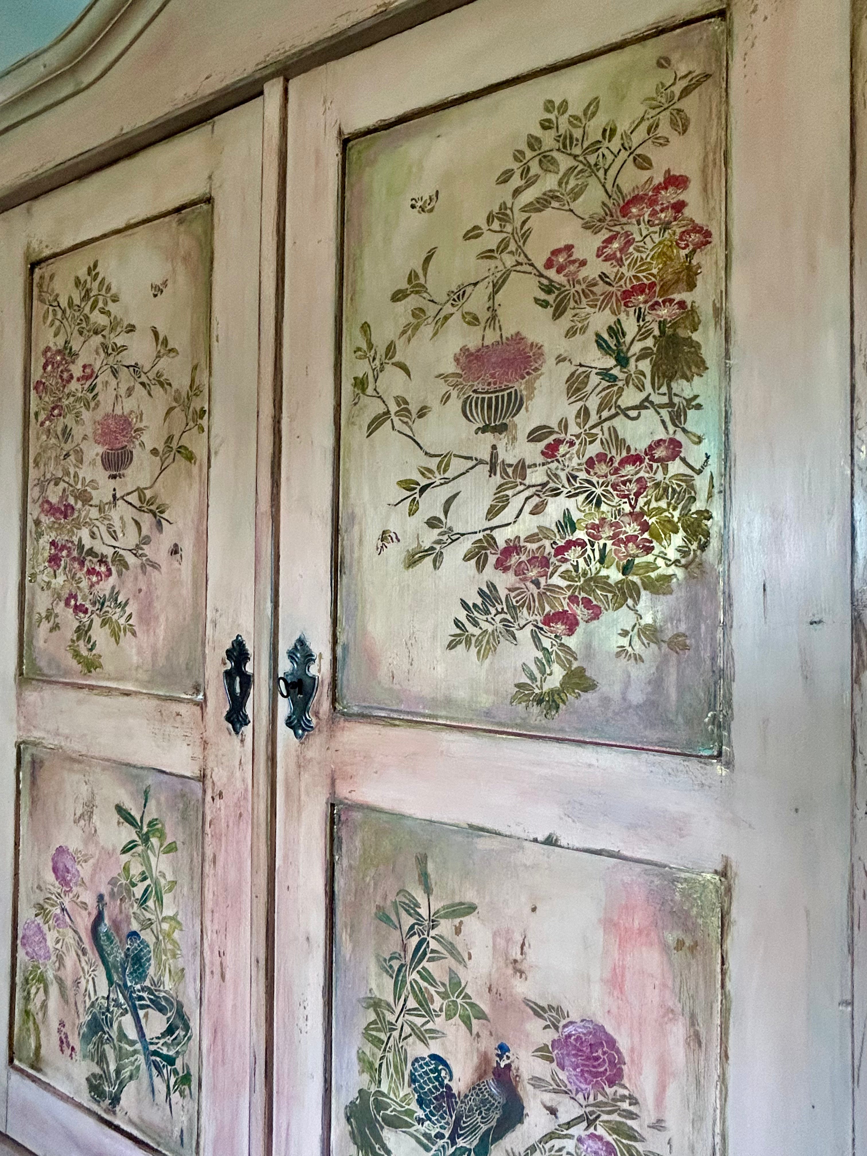 Vintage Painted Pine Double Wardrobe with Inlaid Chinoiserie