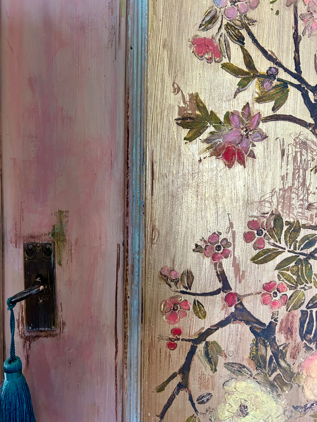 Vintage Painted Pine Wardrobe with Inlaid Chinoiserie