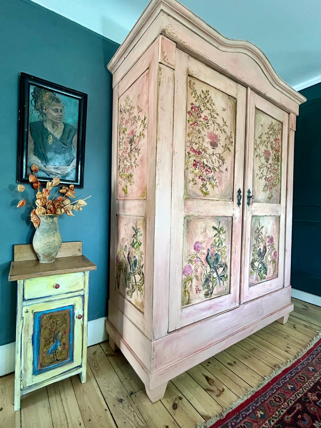 Vintage Painted Pine Double Wardrobe with Inlaid Chinoiserie