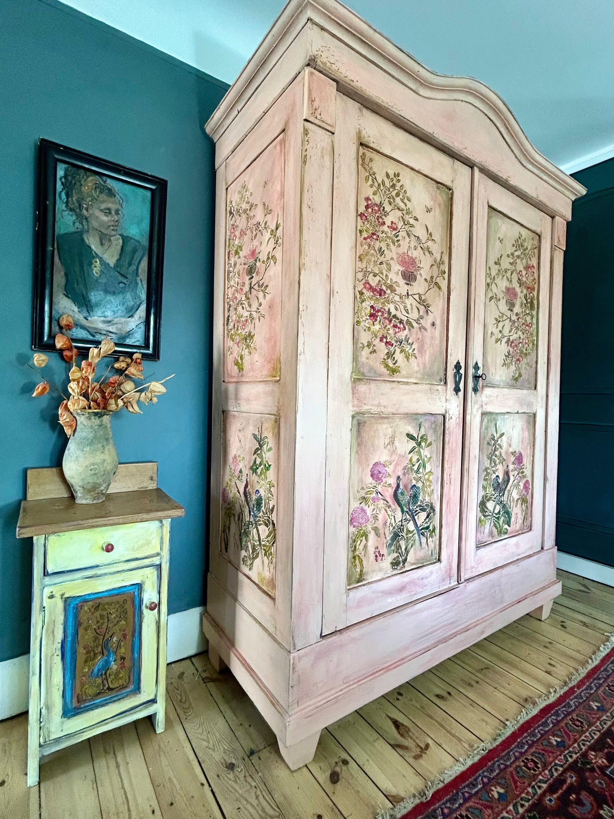 Vintage Painted Pine Double Wardrobe with Inlaid Chinoiserie