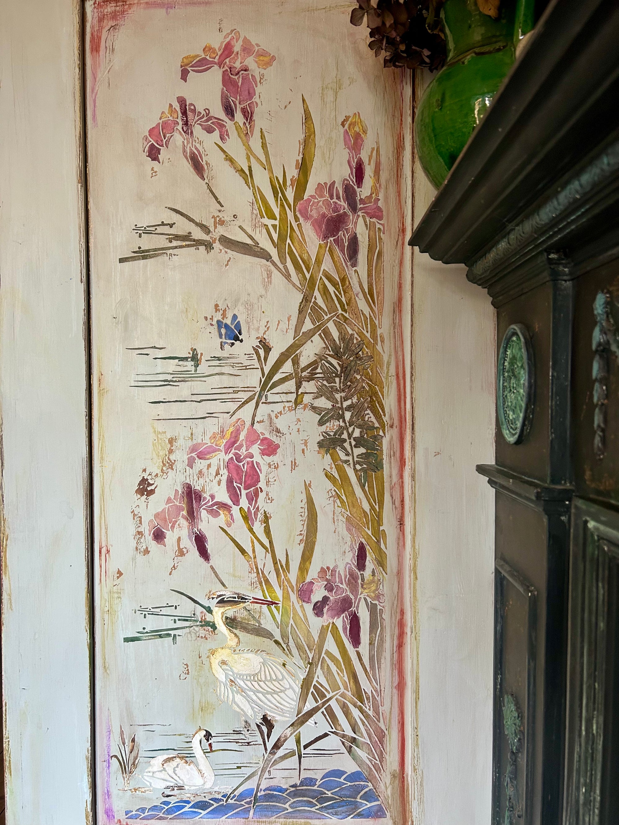 Antique Painted Pine Large Wardrobe with Chinoiserie