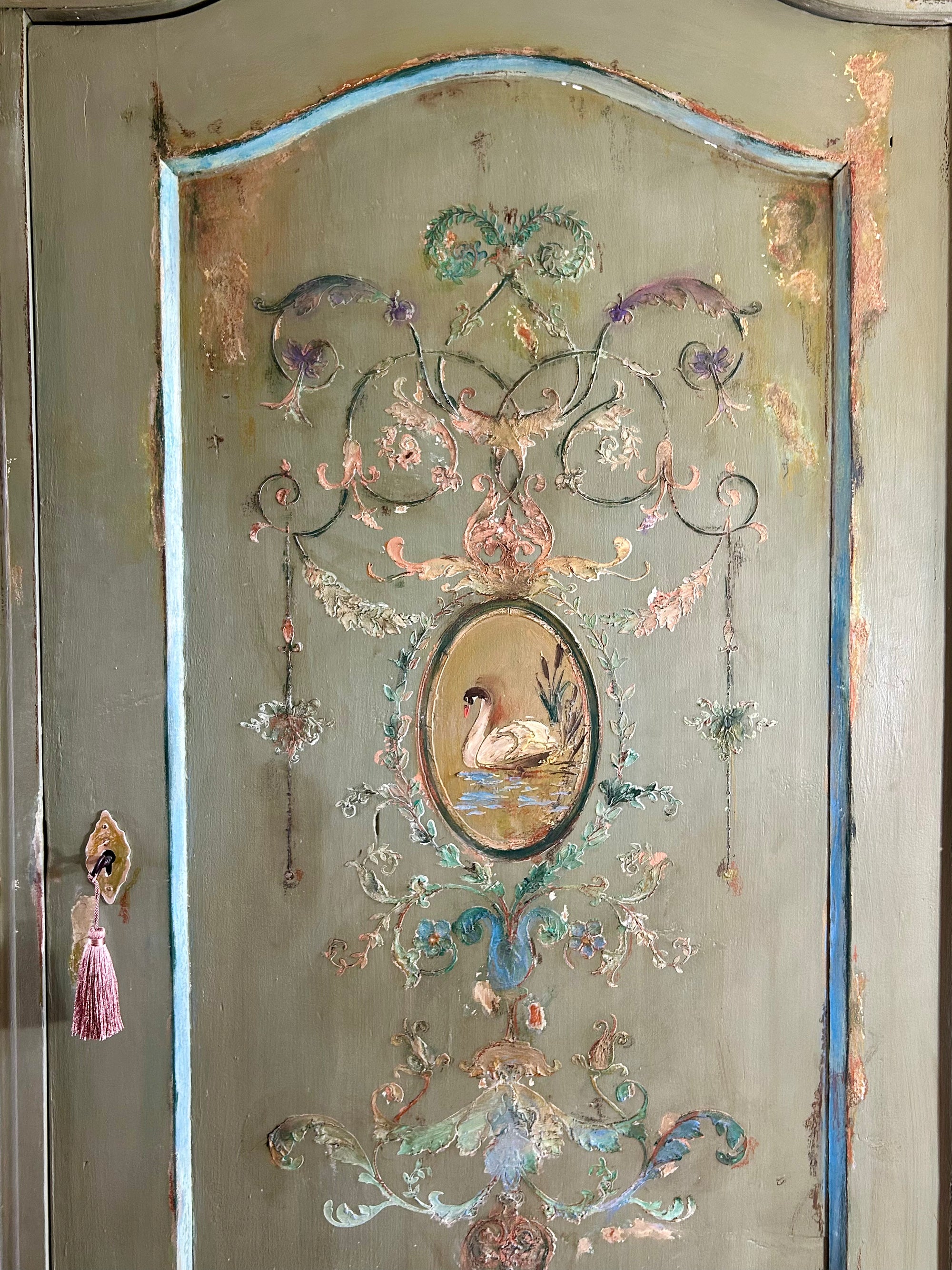 Vintage Painted Pine Wardrobe/Armoire with Inlaid swan Chinoiserie