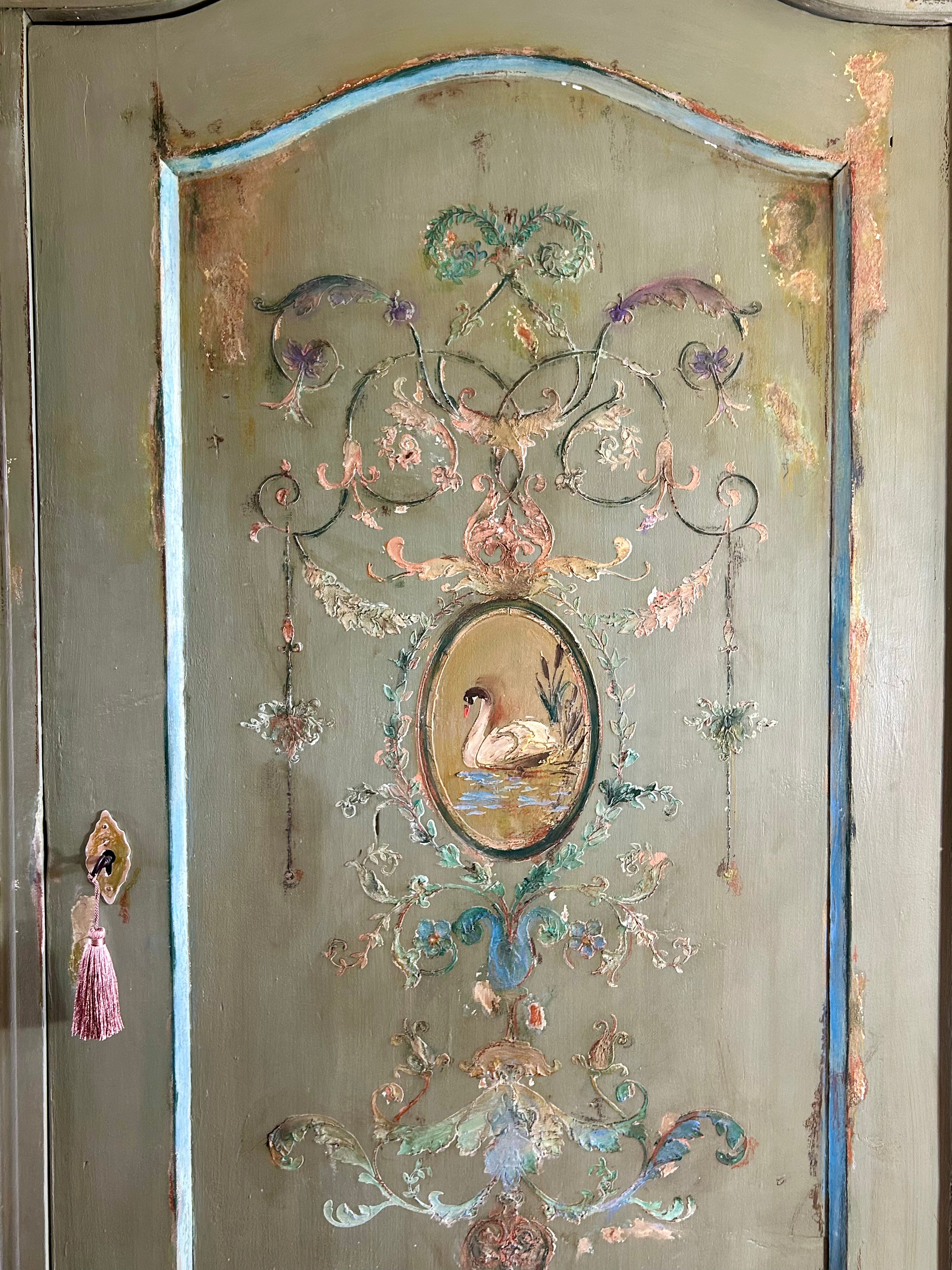 Vintage Painted Pine Wardrobe/Armoire with Inlaid swan Chinoiserie