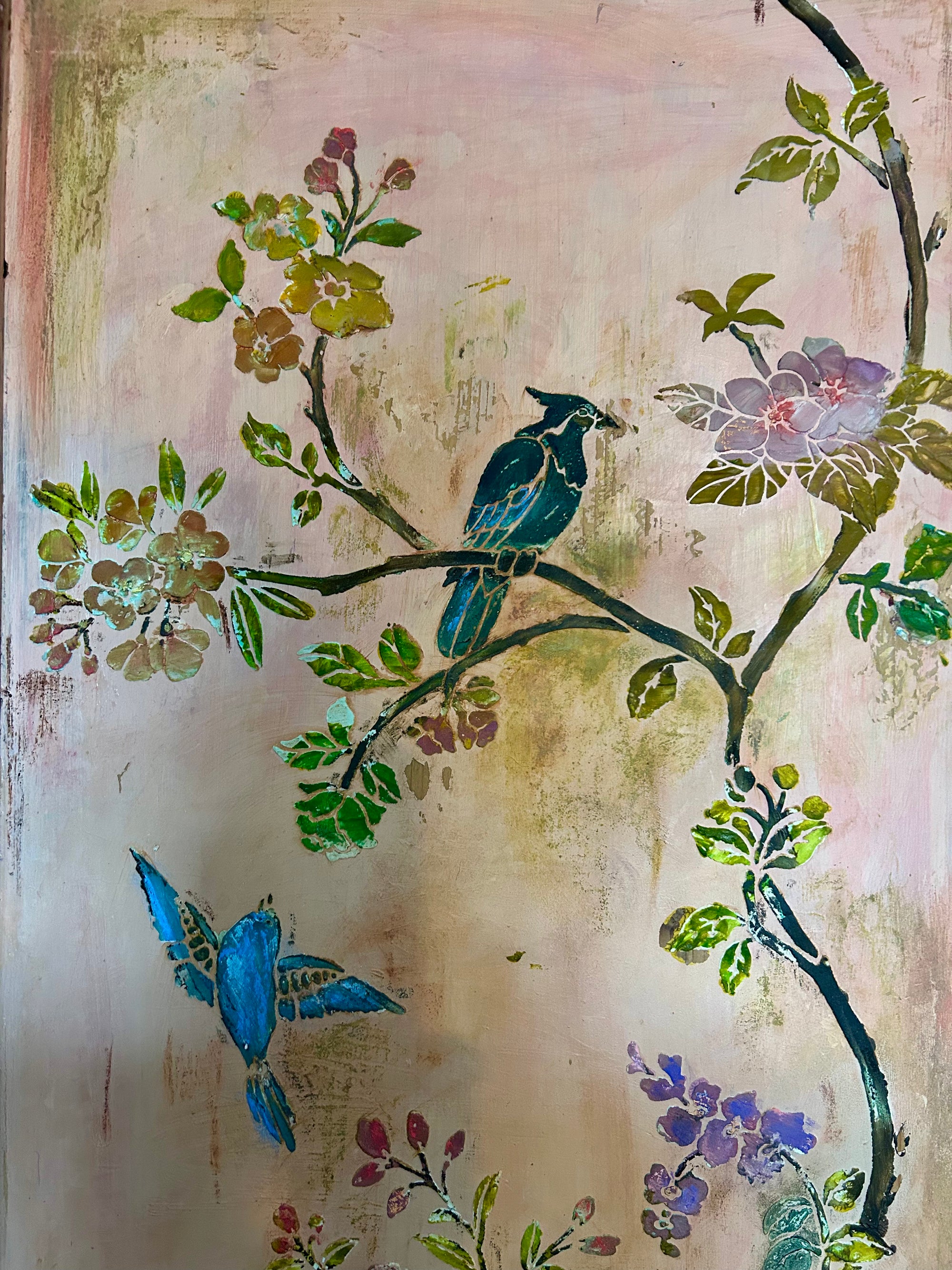 Vintage Painted Pine Double Wardrobe with Inlaid Chinoiserie