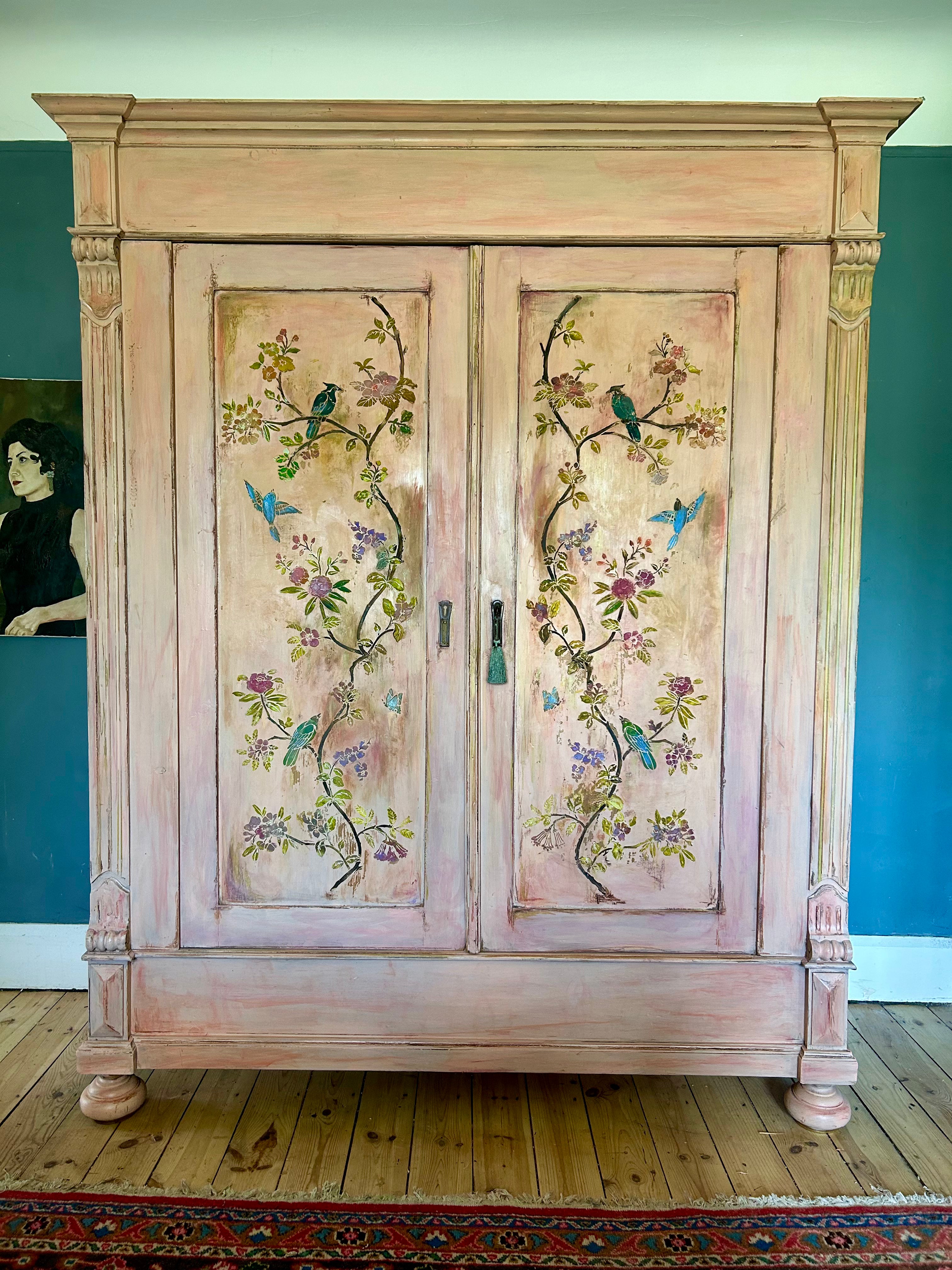 Vintage Painted Pine Double Wardrobe with Inlaid Chinoiserie