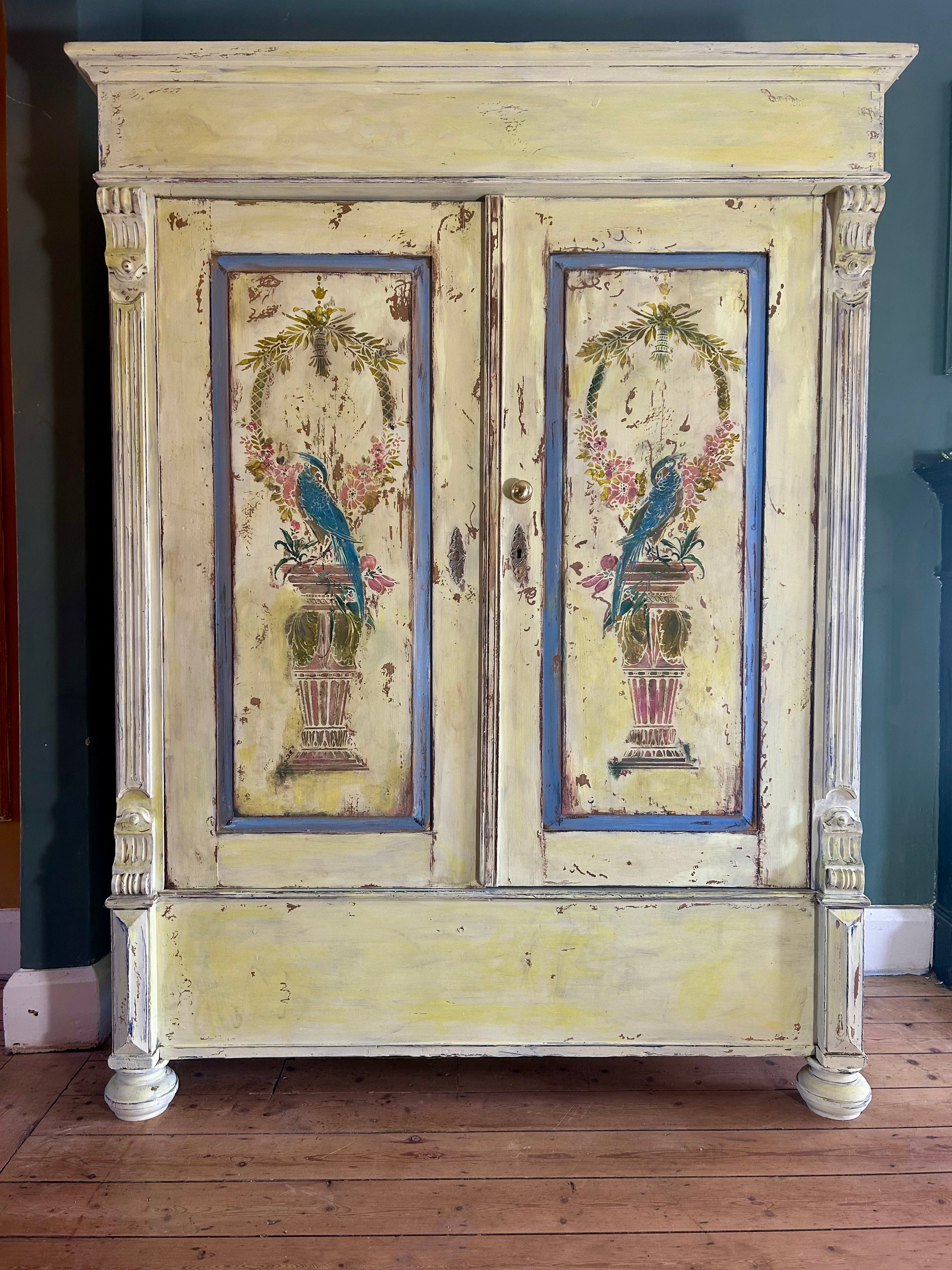 Vintage Painted Pine Double Wardrobe with Inlaid Chinoiserie