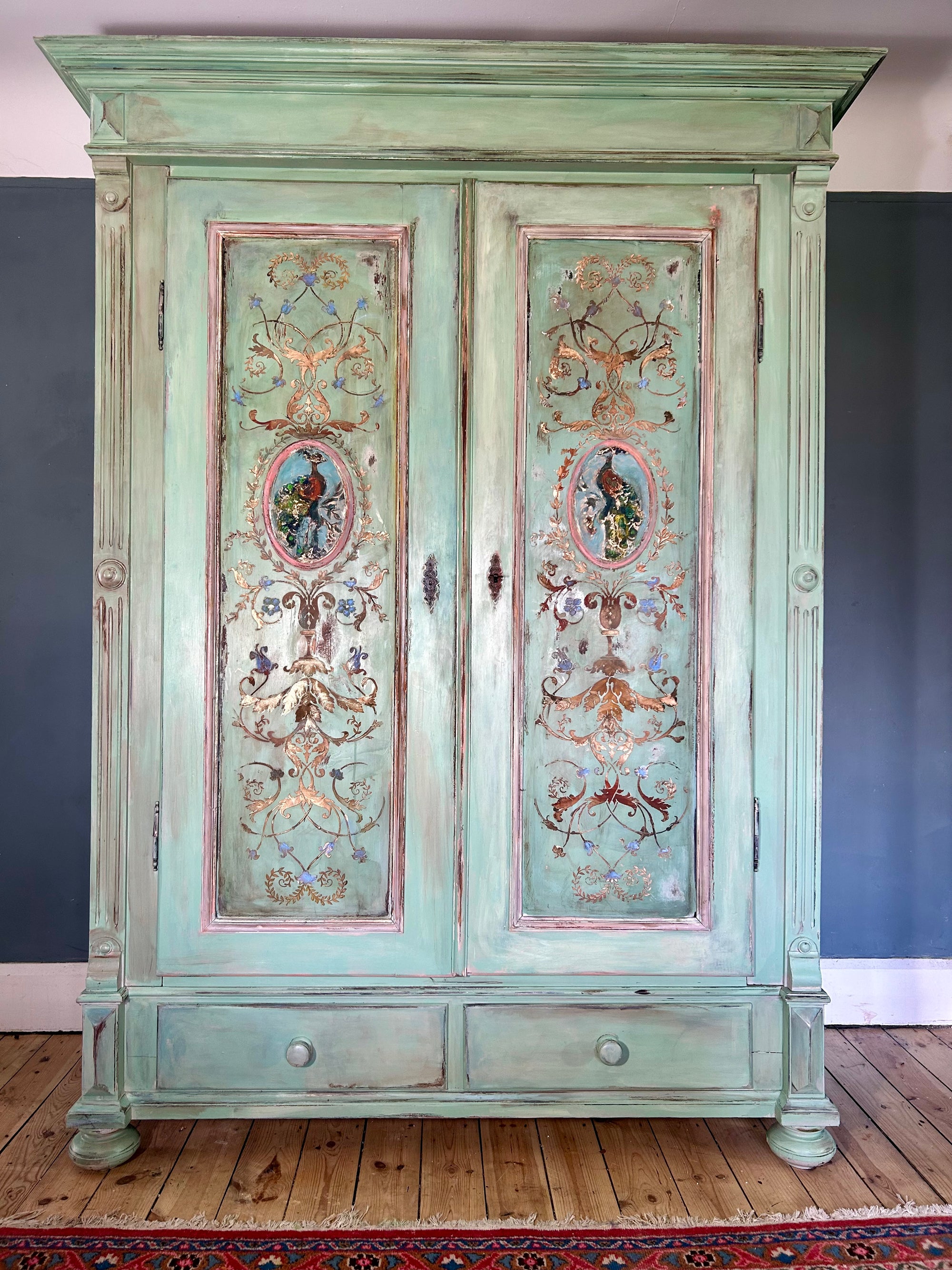 Vintage Painted Pine Double Wardrobe with Inlaid Versailles Style Panels