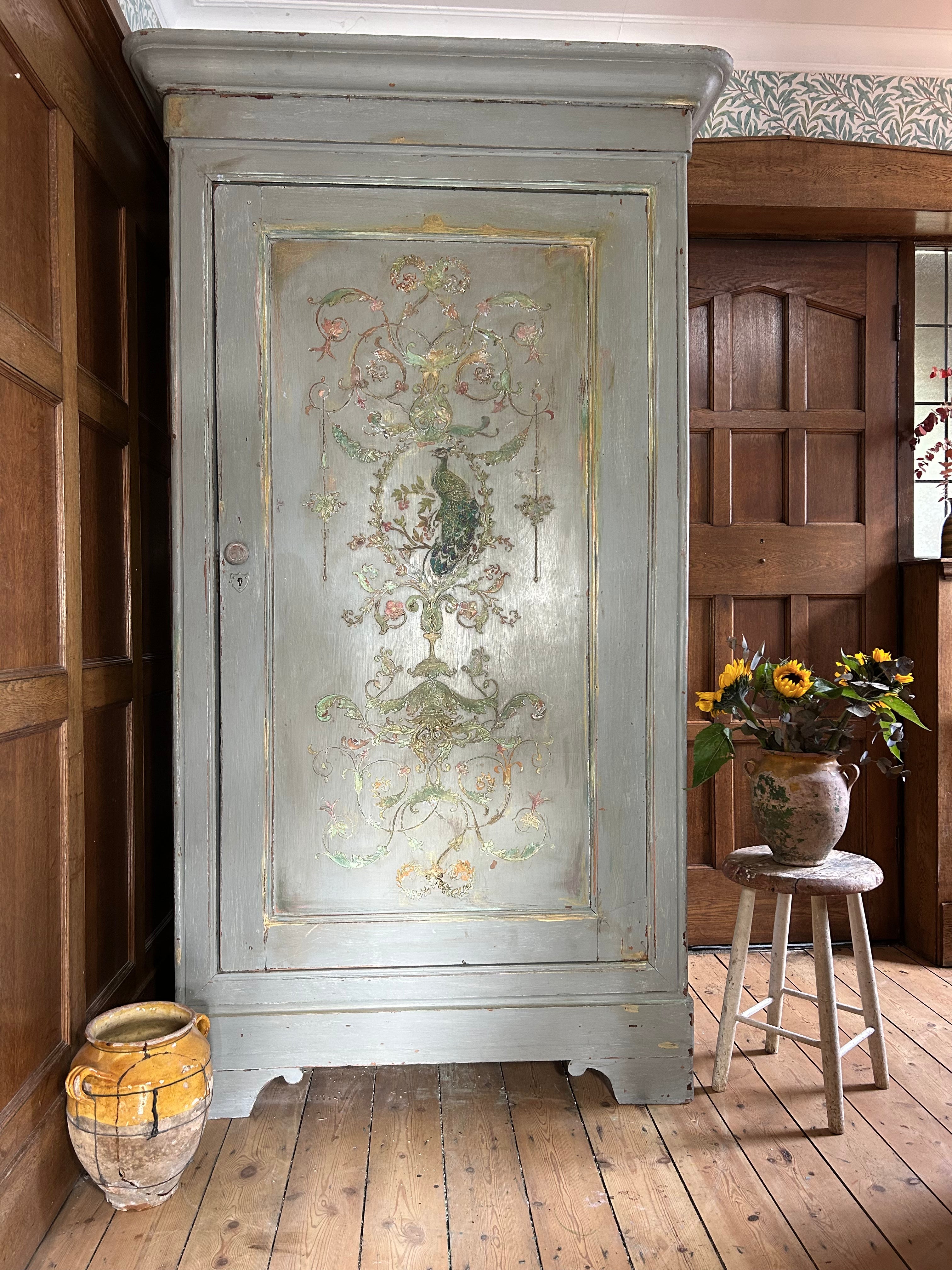 Vintage French Painted Linen Press/Wardrobe with Inlaid Chinoiserie