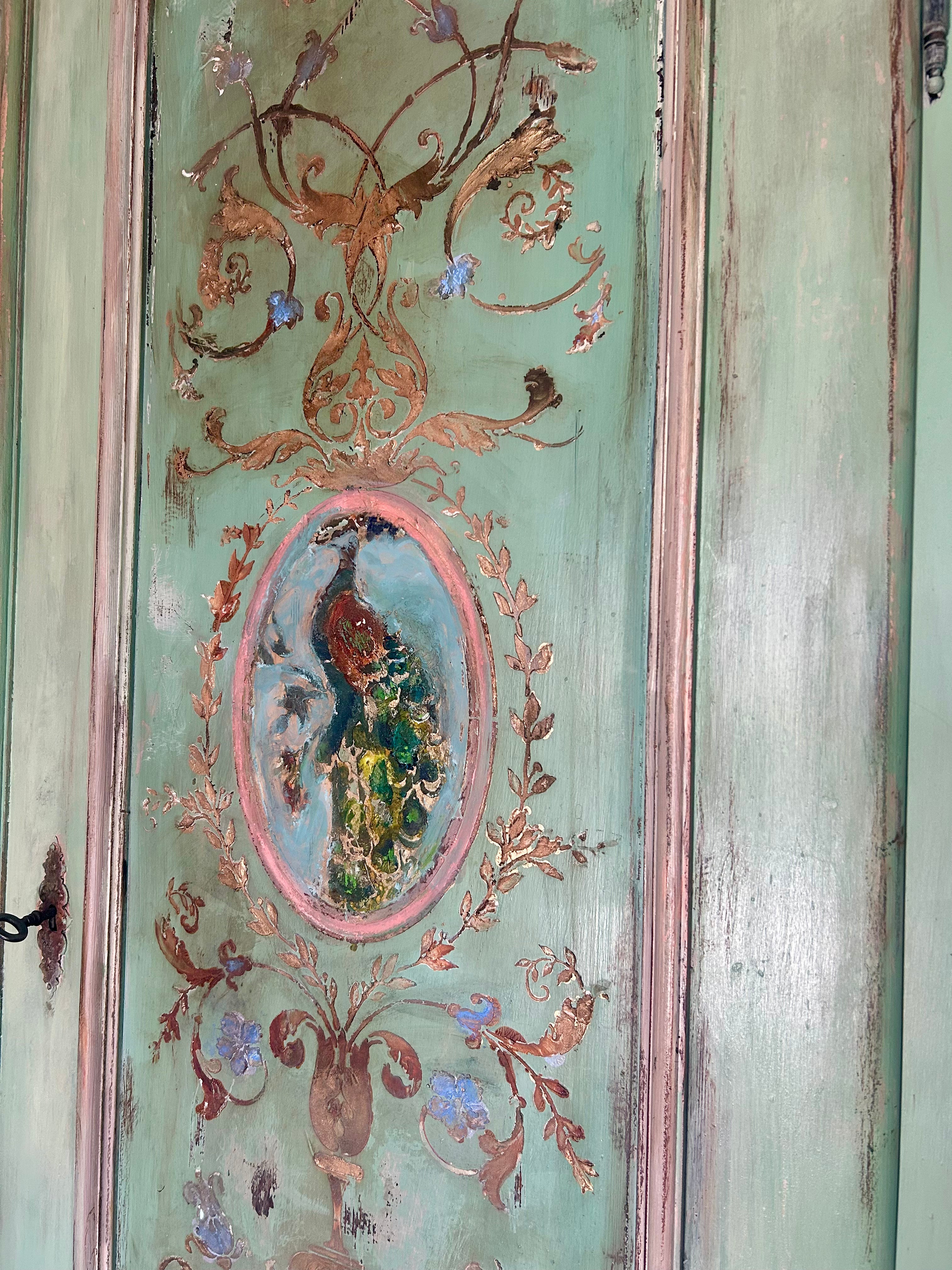 Vintage Painted Pine Double Wardrobe with Inlaid Versailles Style Panels