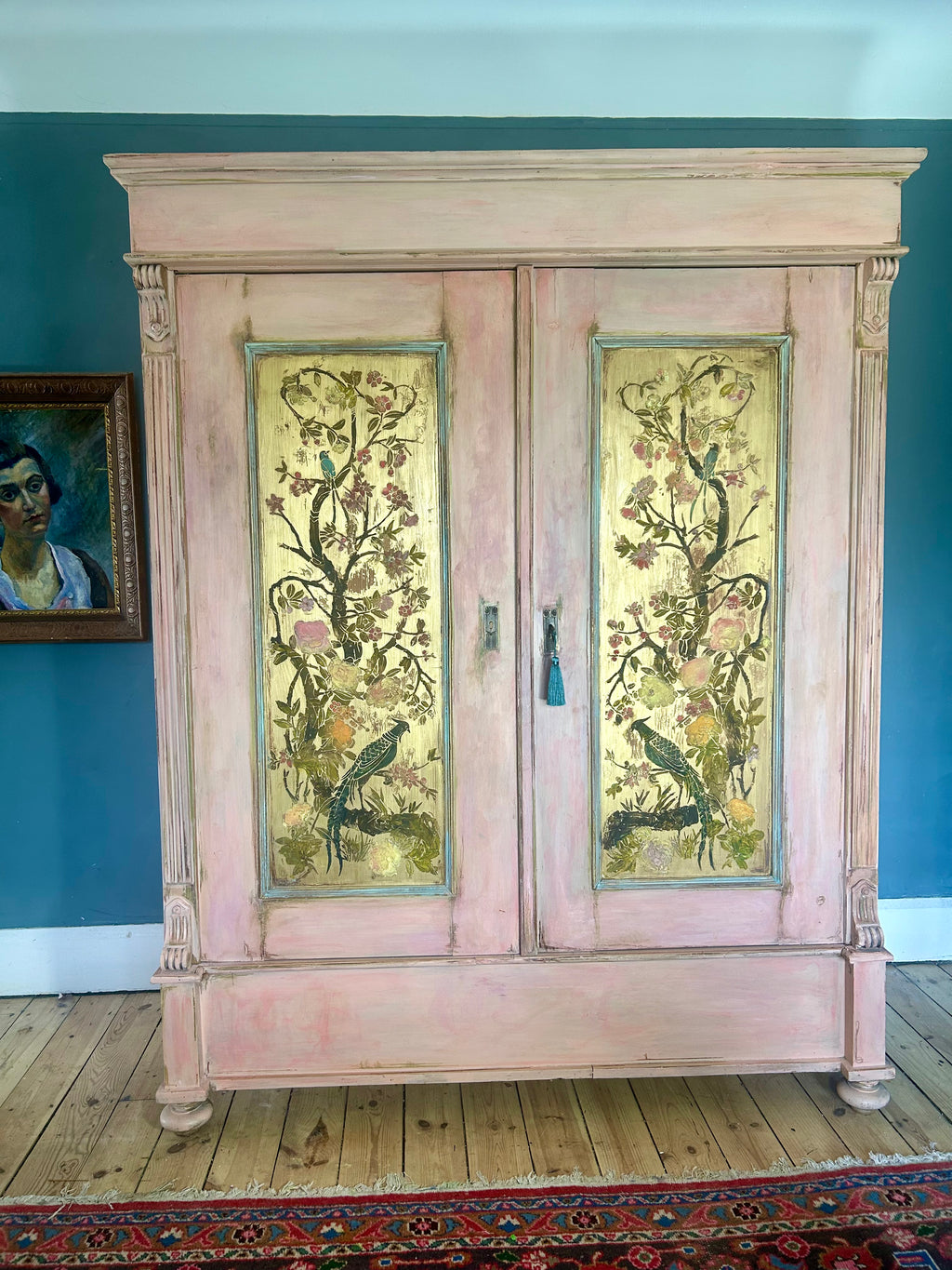Vintage Painted Pine Wardrobe with Inlaid Chinoiserie