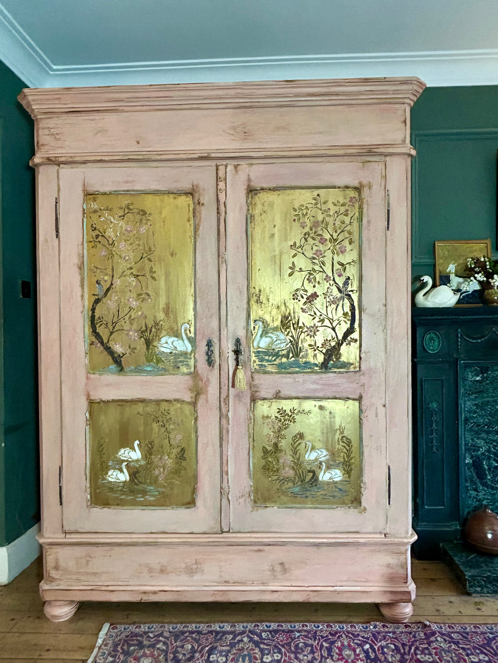 Antique Painted Pine Wardrobe with Chinoiserie Panels