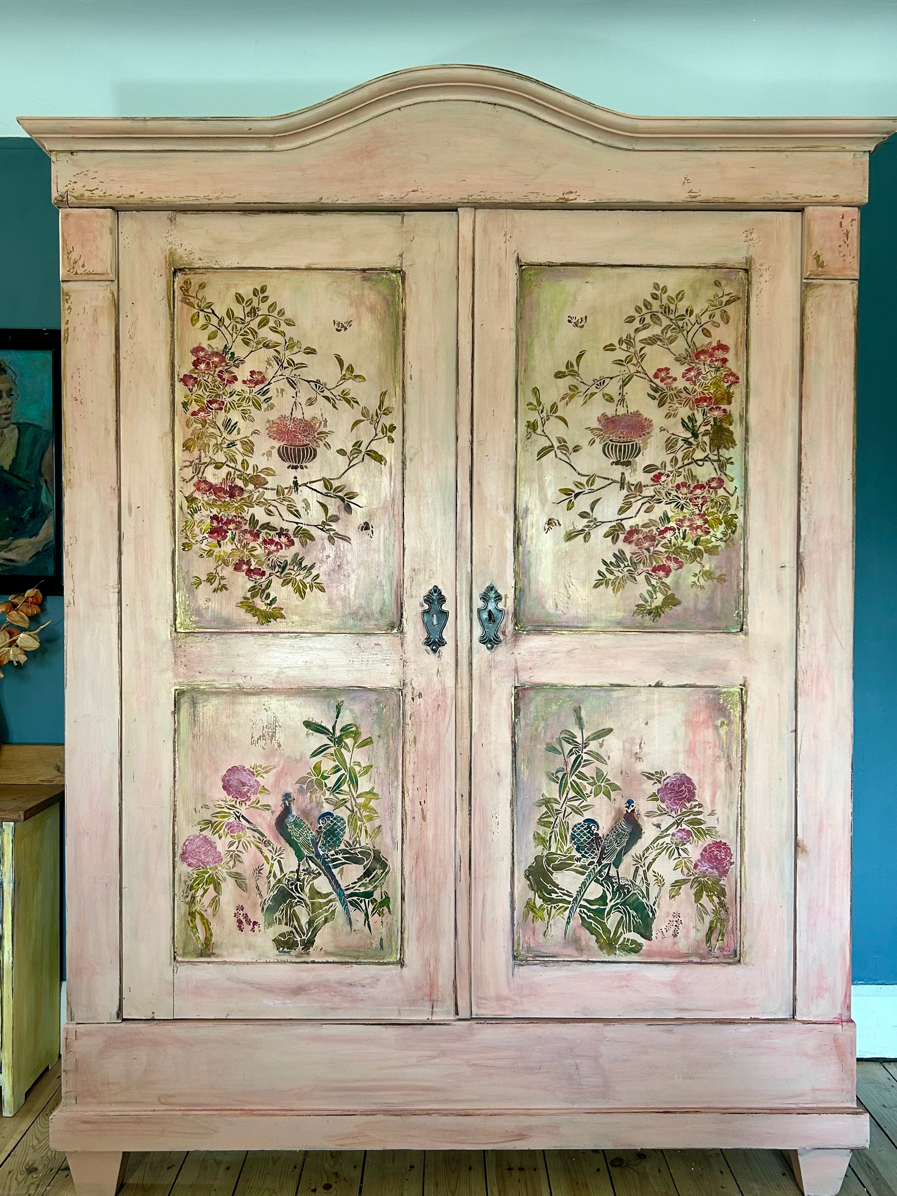 Vintage Painted Pine Double Wardrobe with Inlaid Chinoiserie