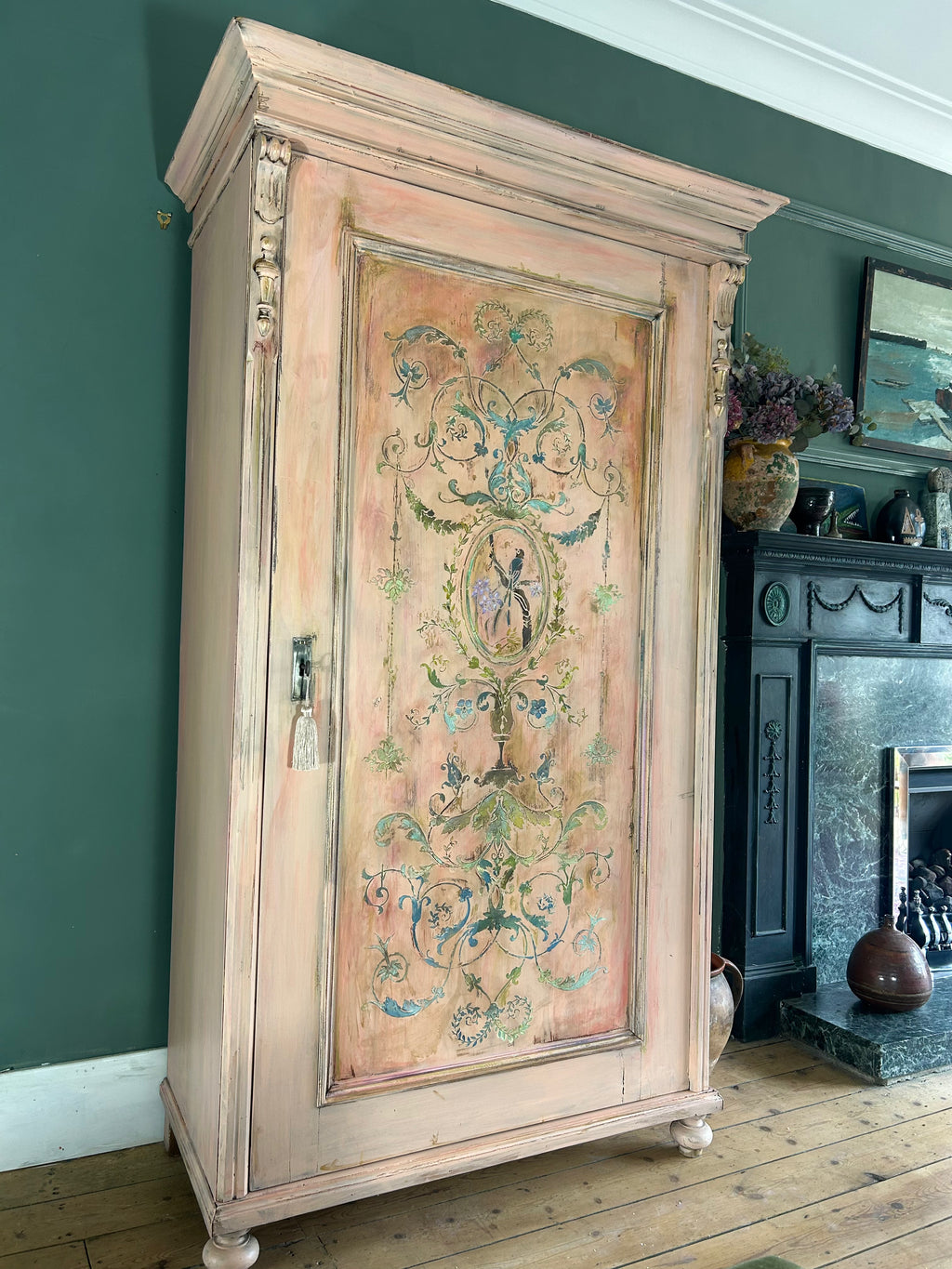 Painted Pine Wardrobe/Cupboard with Inlaid Panel