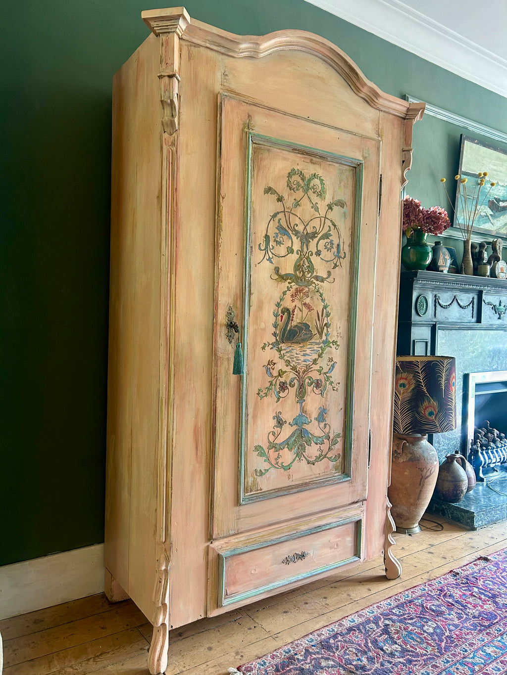 Vintage Painted Pine Armoire with Inlaid Back Swan Chinoiserie