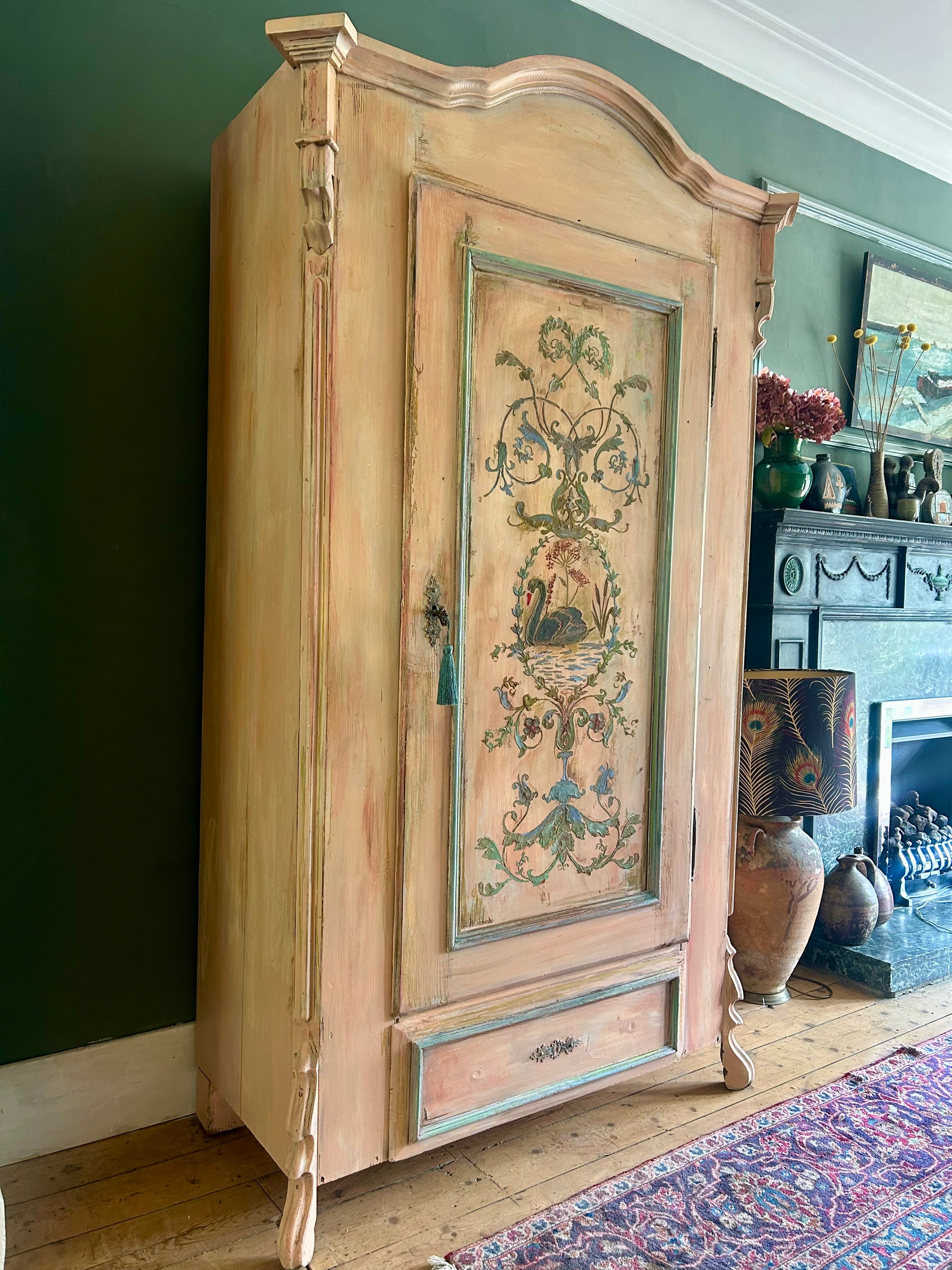 Vintage Painted Pine Armoire with Inlaid Back Swan Chinoiserie