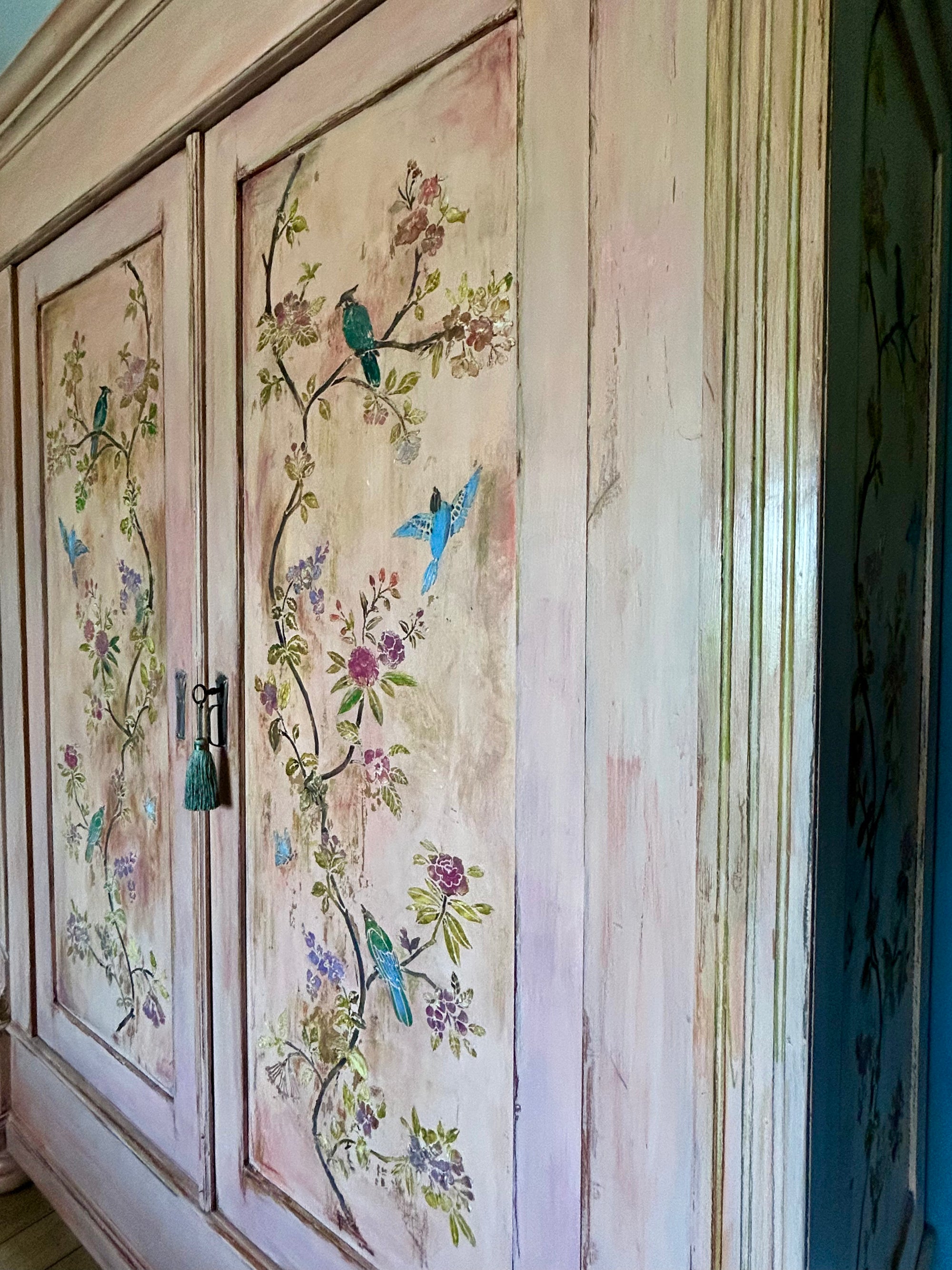 Vintage Painted Pine Double Wardrobe with Inlaid Chinoiserie