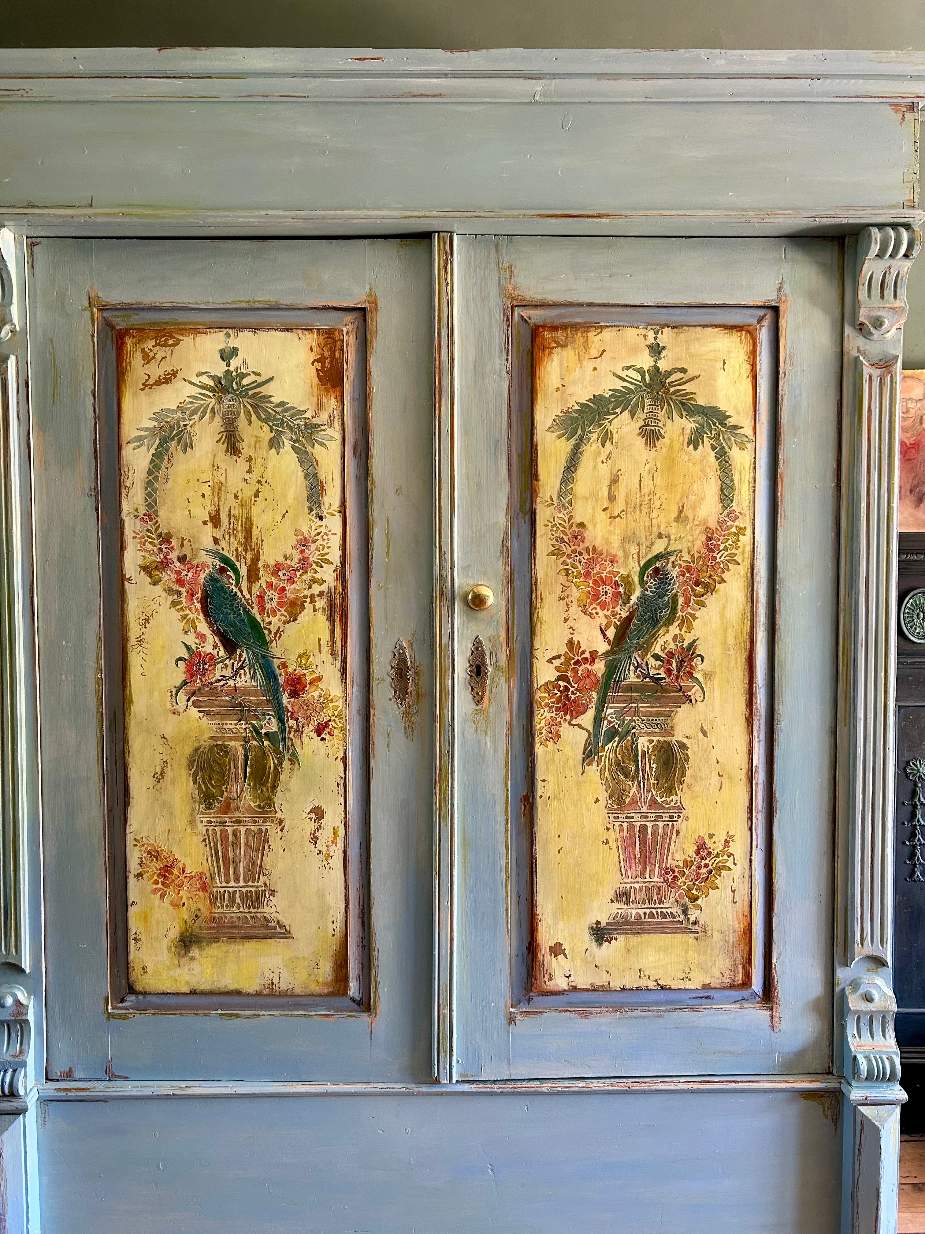 Vintage Painted Pine Wardrobe with Inlaid Chinoiserie