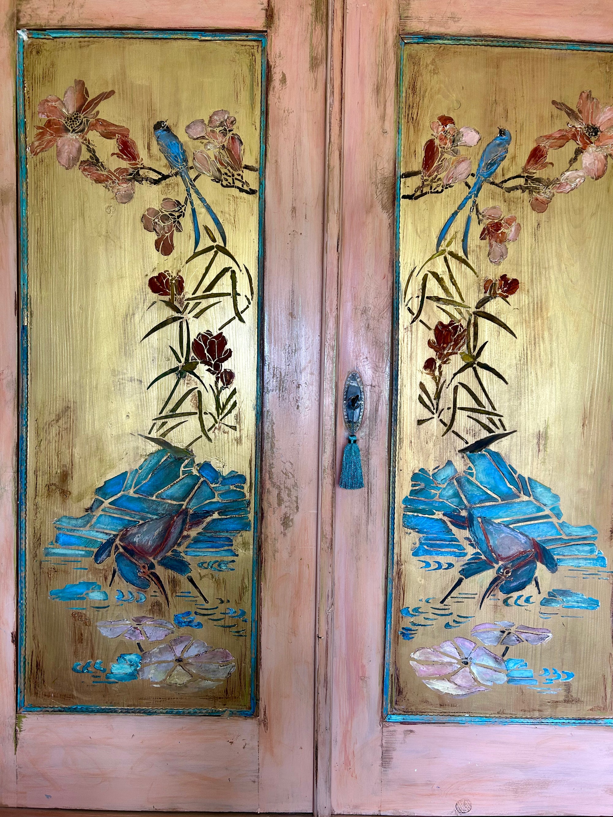 Vintage Painted Pine Double Wardrobe with Inlaid Chinoiserie Panels