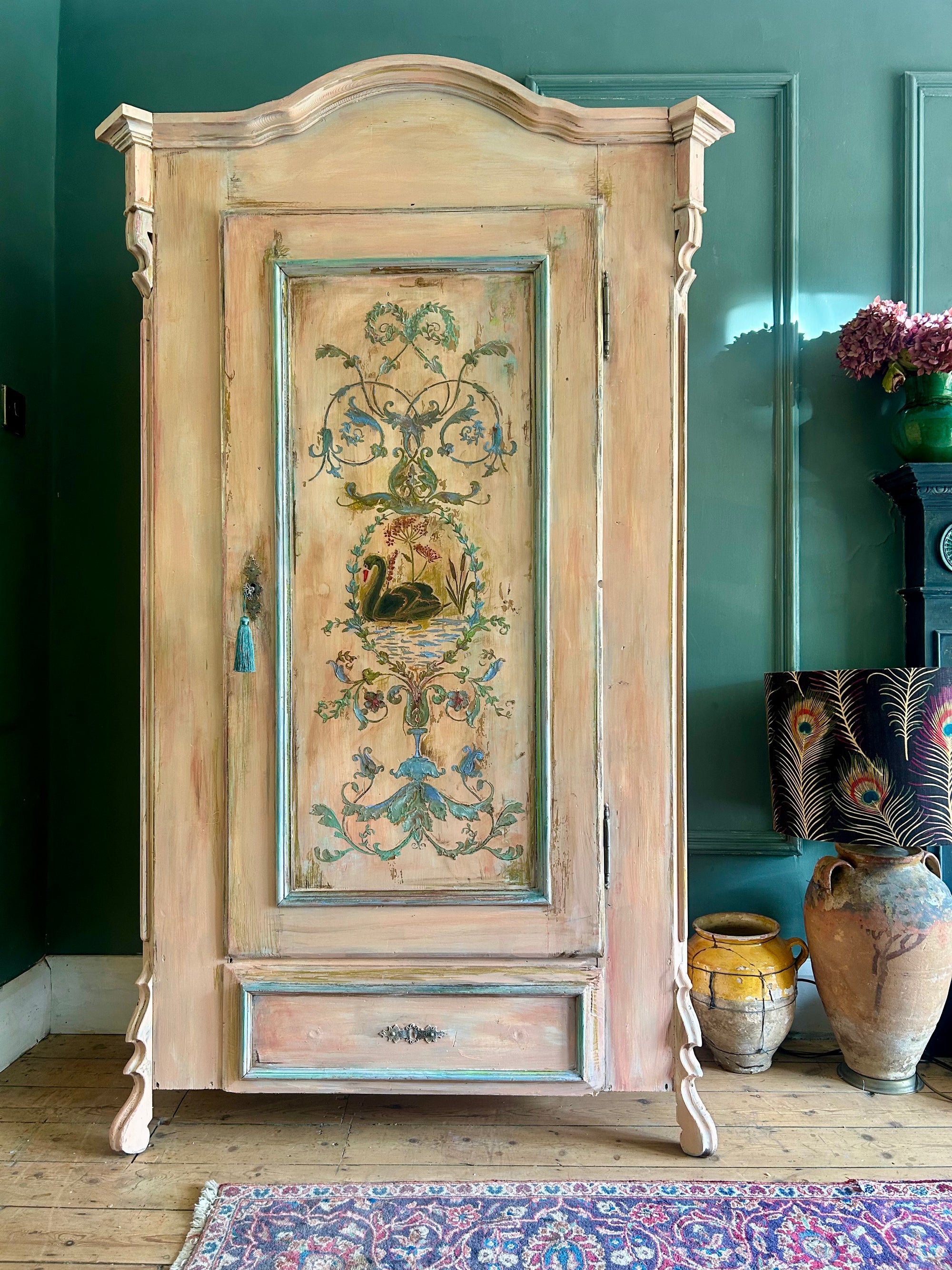 Vintage Painted Pine Armoire with Inlaid Back Swan Chinoiserie