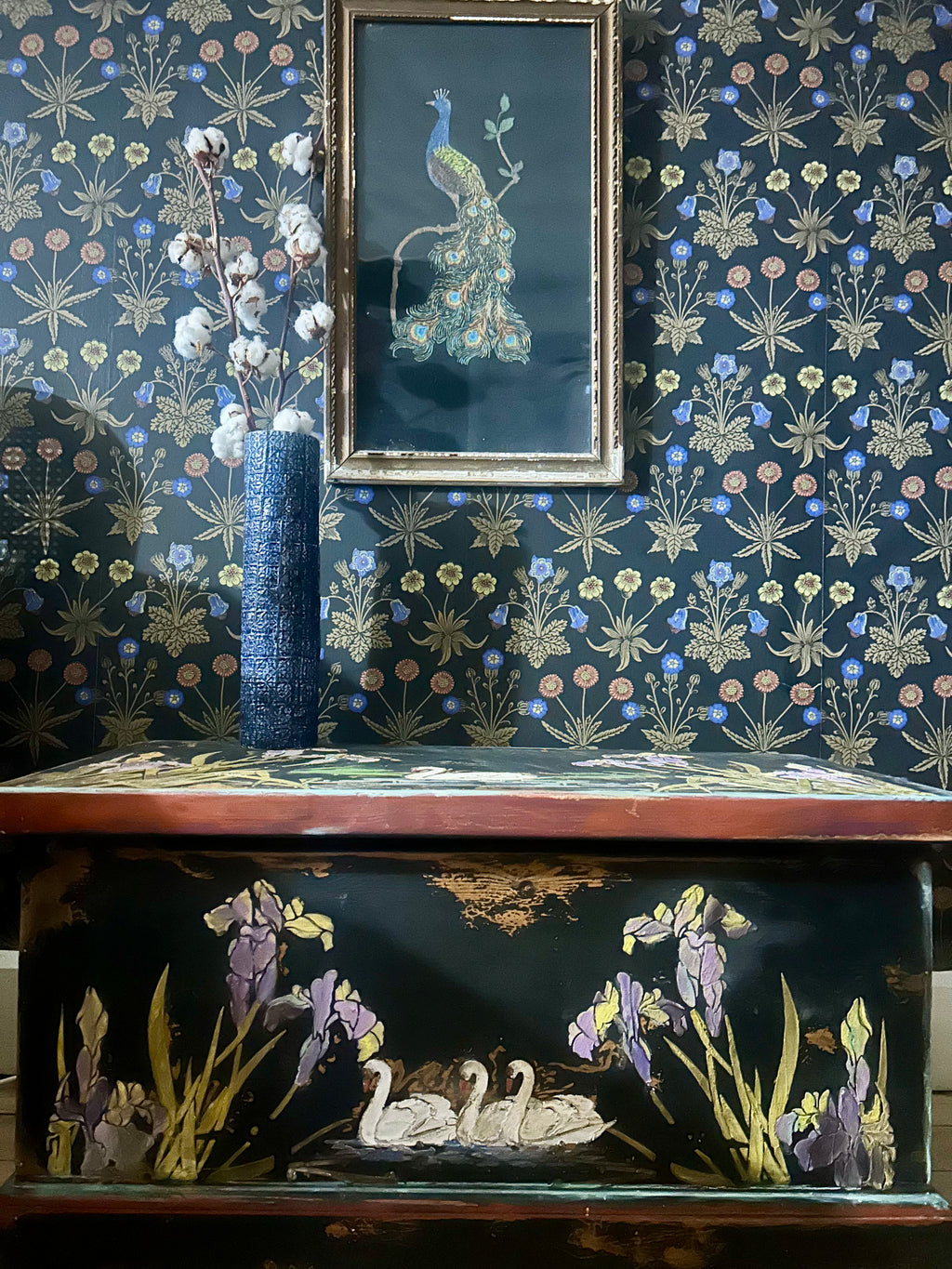 Vintage Painted Blanket Box with Swan Chinoiserie
